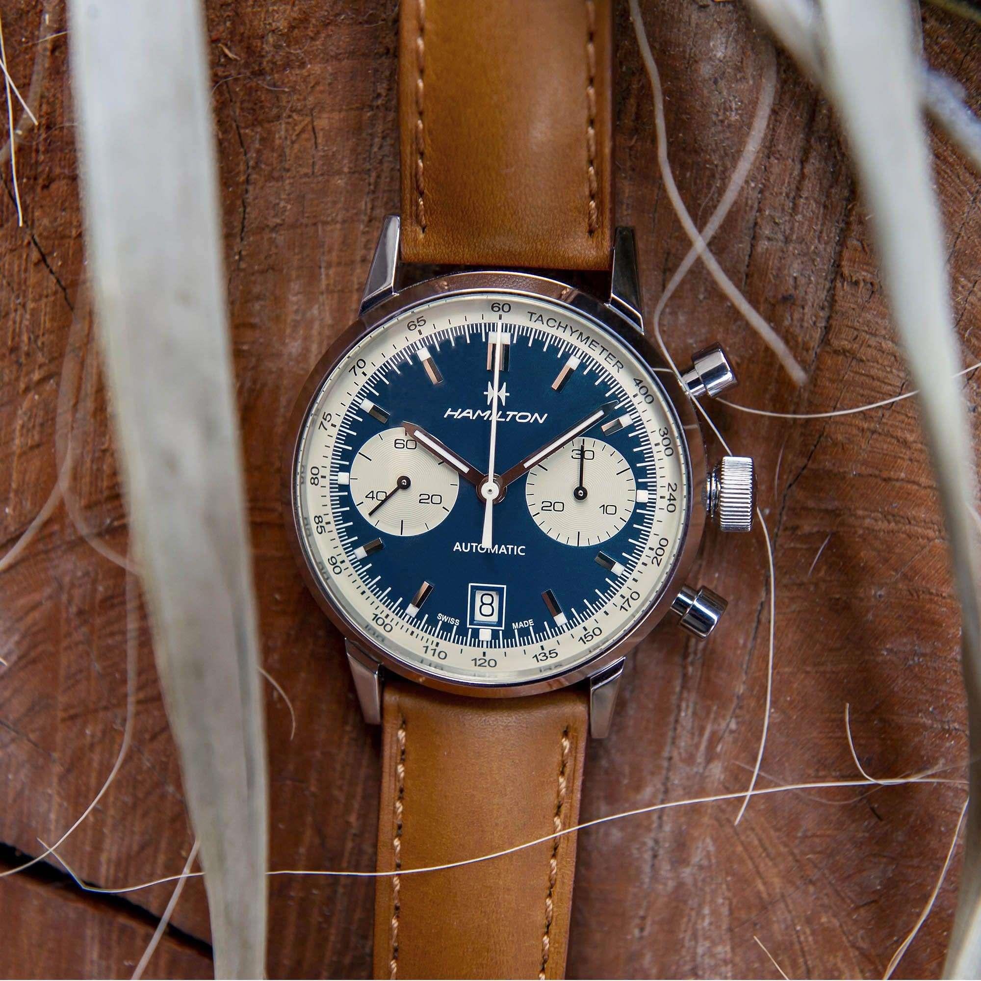 Hamilton American Classic Intra-Matic Automatic Chronograph Blue Dial Brown Leather Strap Men's Watch H38416541