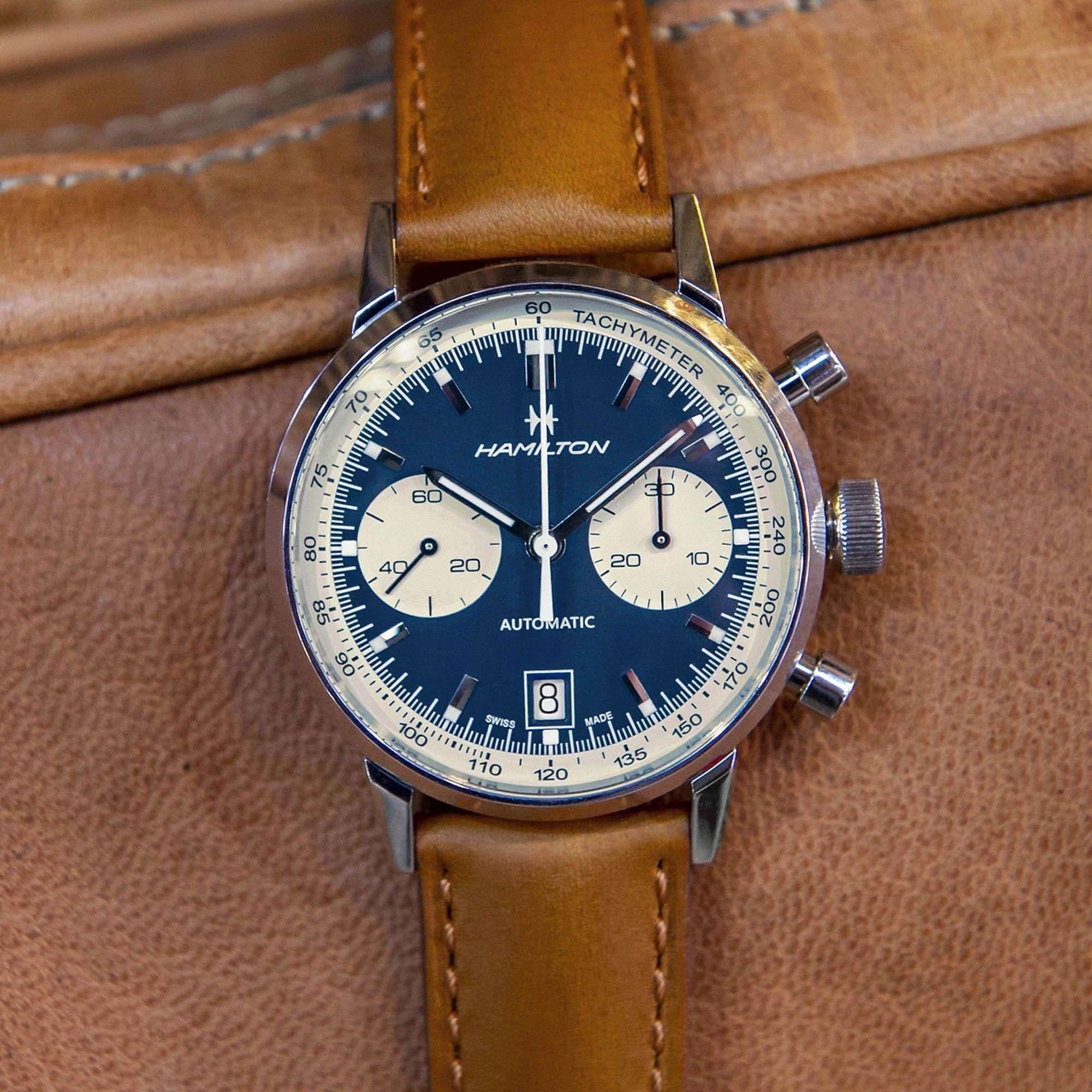 Hamilton American Classic Intra-Matic Automatic Chronograph Blue Dial Brown Leather Strap Men's Watch H38416541