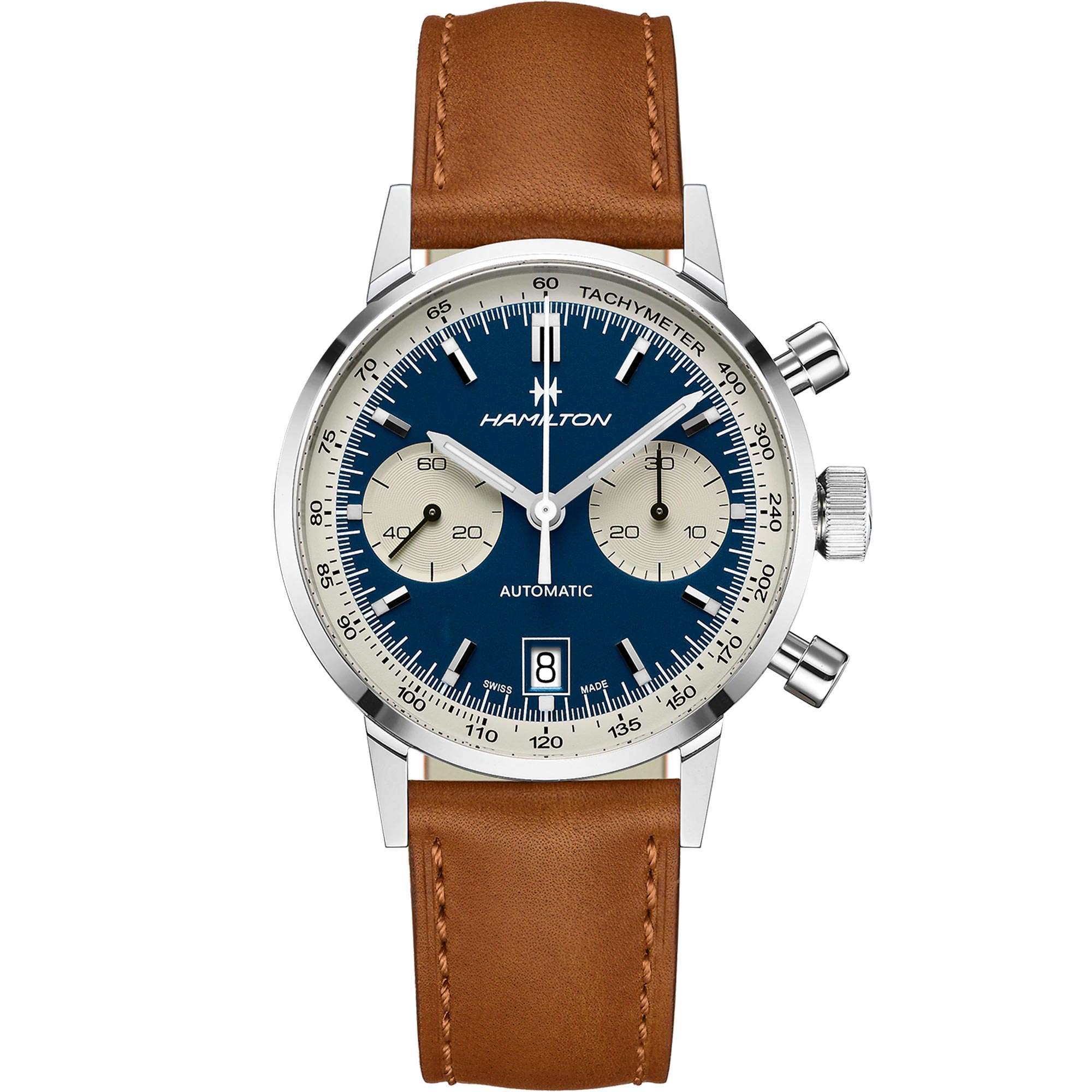 Hamilton American Classic Intra-Matic Automatic Chronograph Blue Dial Brown Leather Strap Men's Watch H38416541