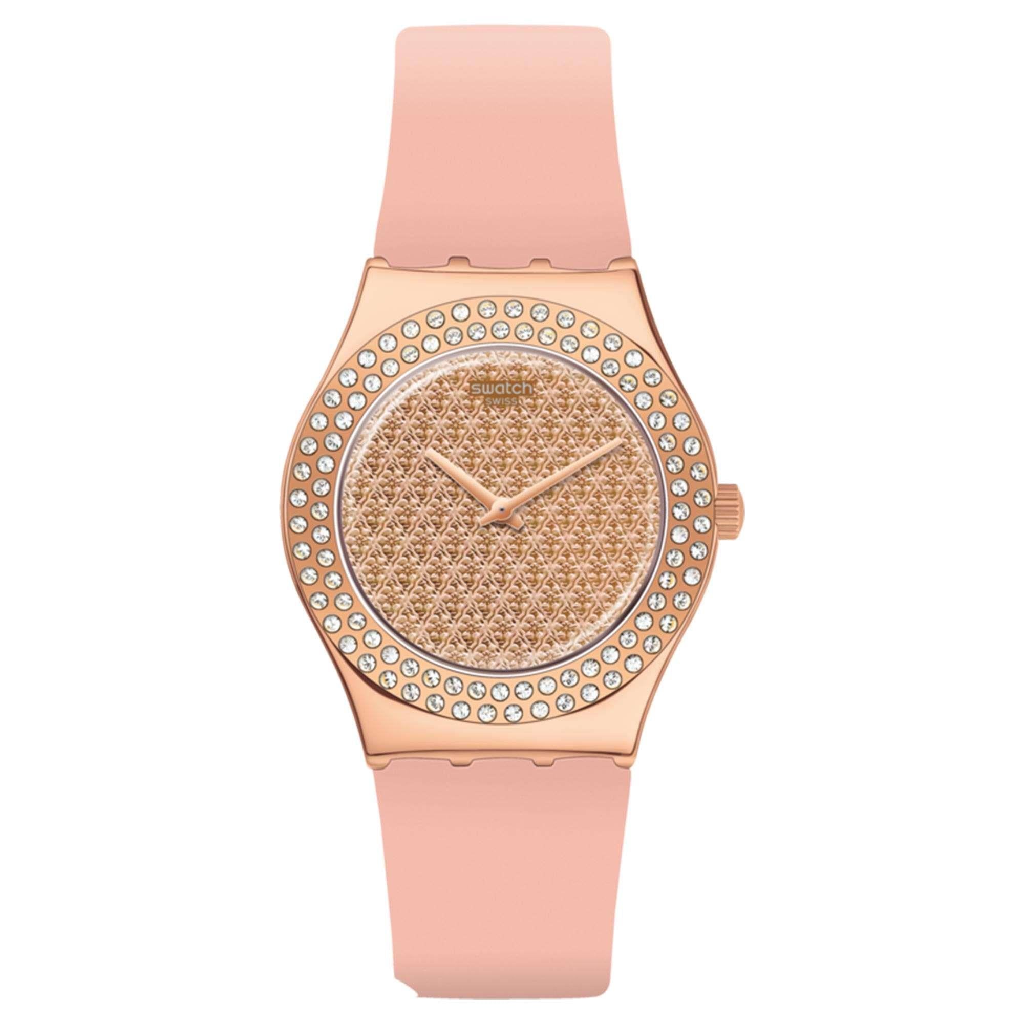 Swatch Pink Dial Confusion Quartz Silicone Strap Ladies Watch YLG140