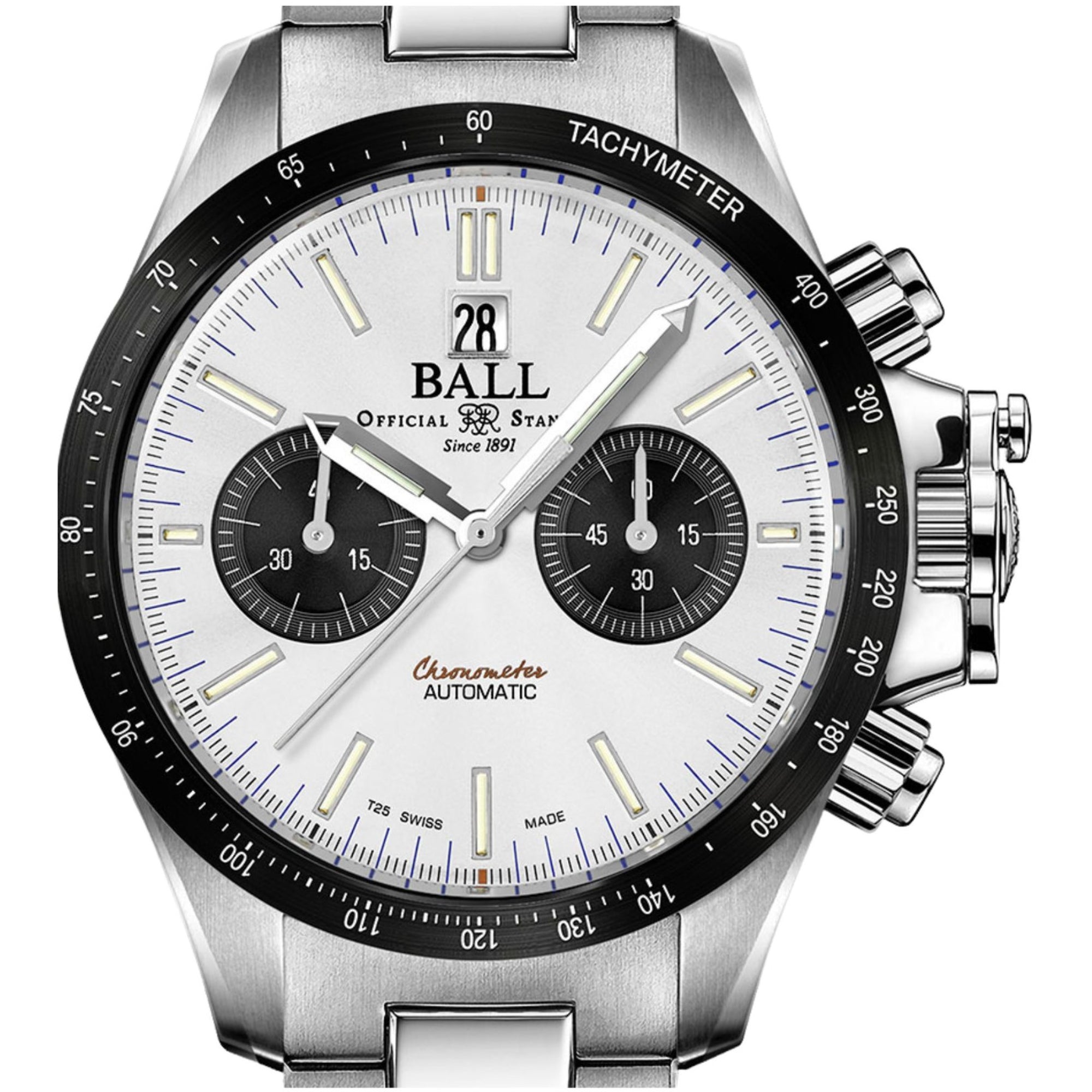 Ball Racer Chronograph Automatic White Dial Silver Stainless Steel Bracelet Men's Watch CM2198C-S1CJ-SL