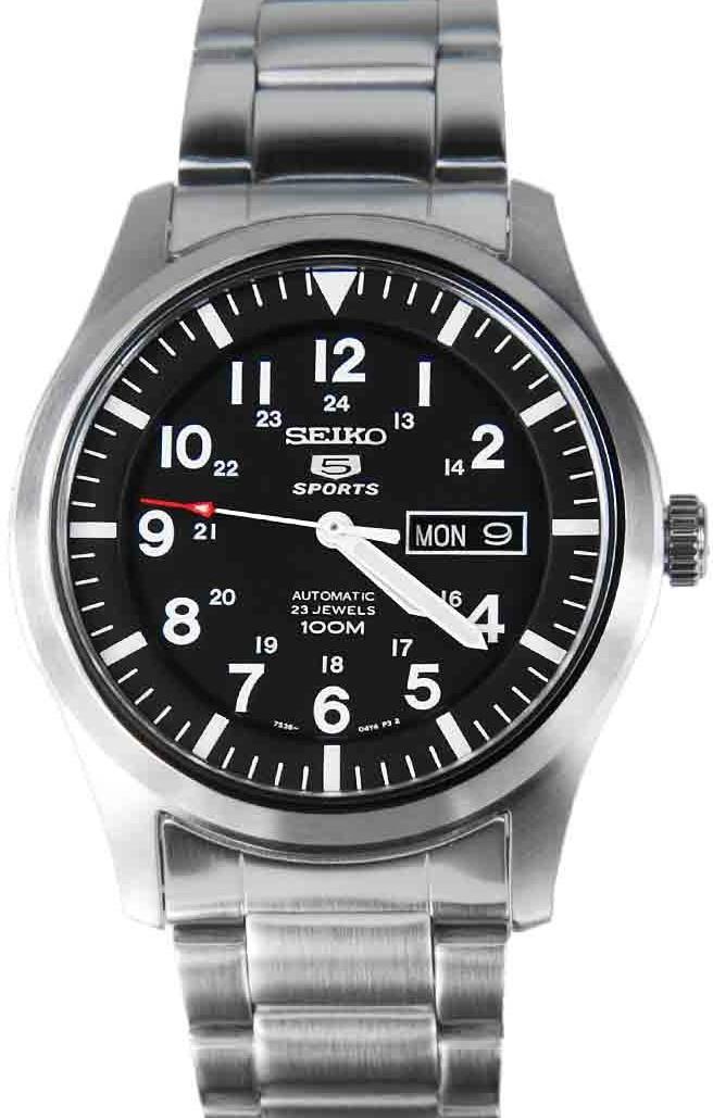 Seiko 5 Sports Military Field Automatic Black Dial Steel Bracelet Strap Men's Watch SNZG13K1