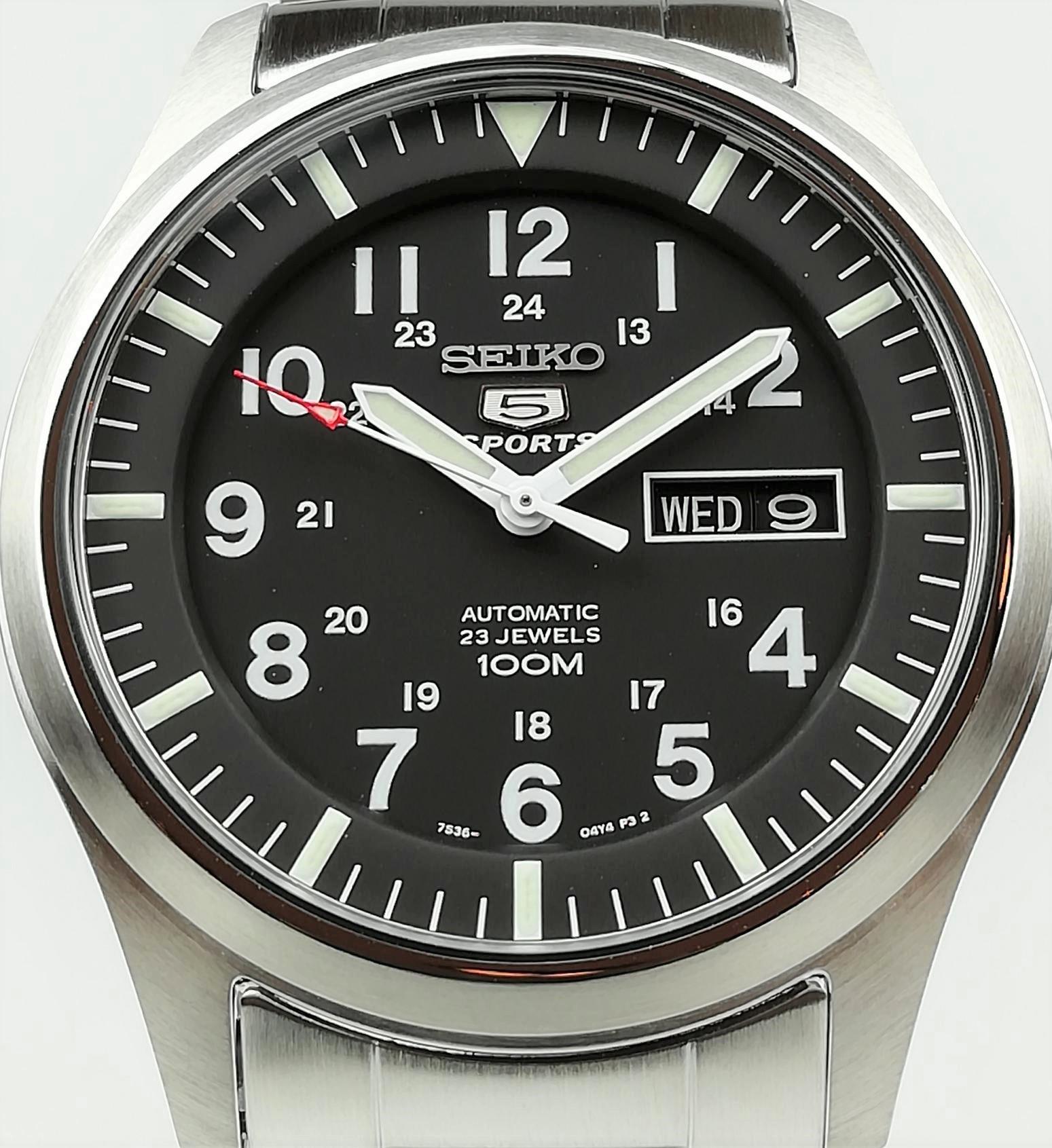 Seiko 5 Sports Military Field Automatic Black Dial Steel Bracelet Strap Men's Watch SNZG13K1