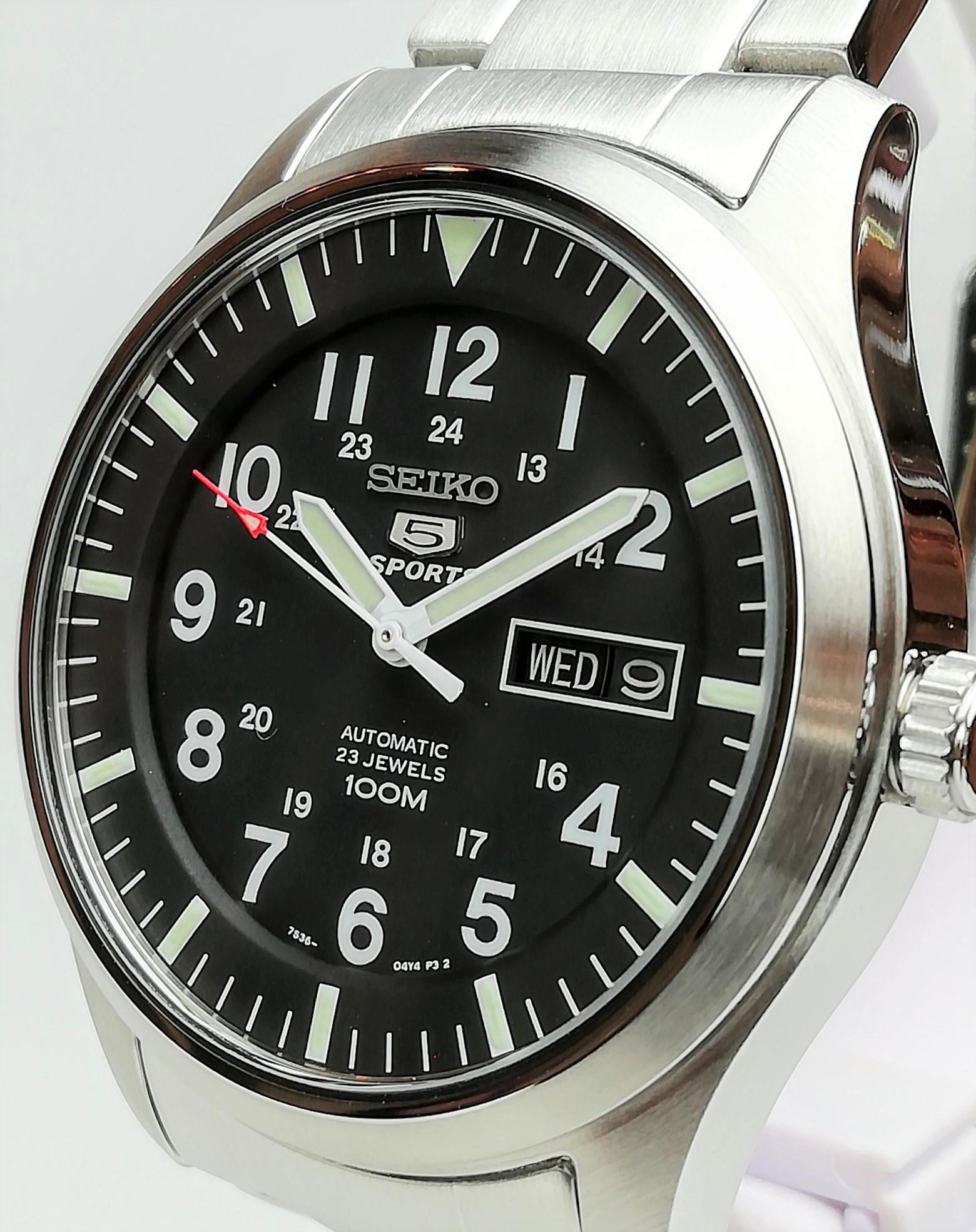 Seiko 5 Sports Military Field Automatic Black Dial Steel Bracelet Strap Men's Watch SNZG13K1