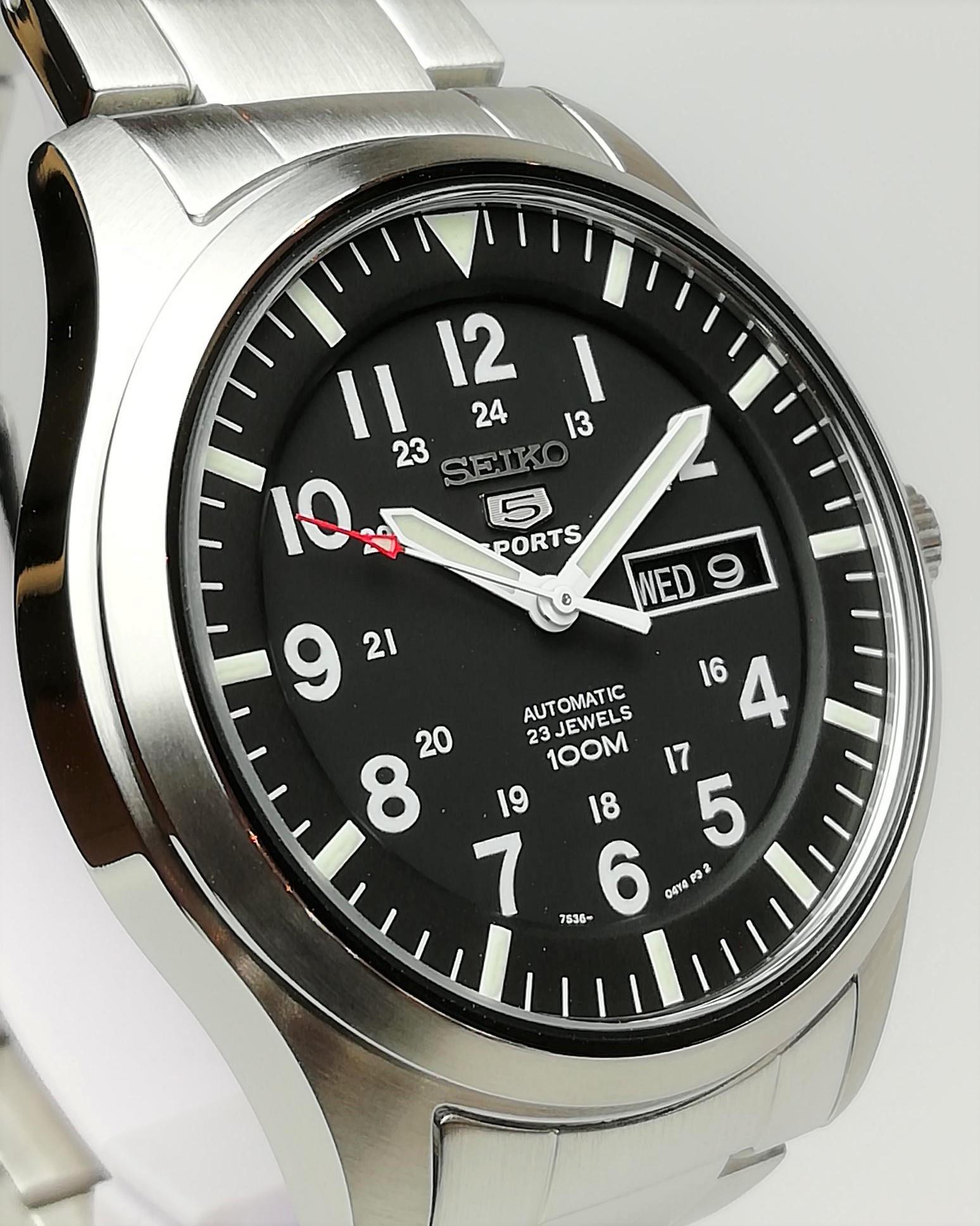 Seiko 5 Sports Military Field Automatic Black Dial Steel Bracelet Strap Men's Watch SNZG13K1
