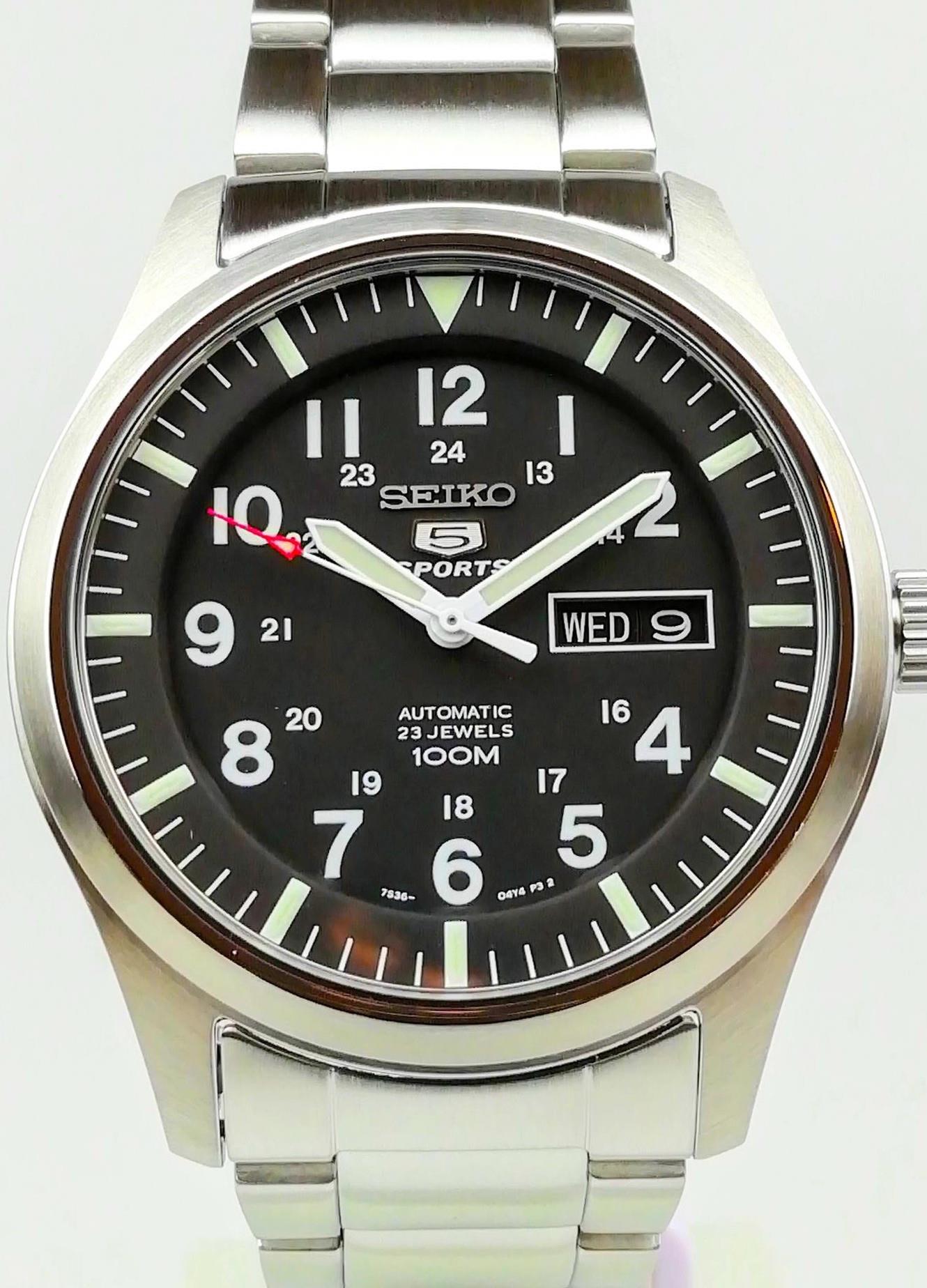 Seiko 5 Sports Military Field Automatic Black Dial Steel Bracelet Strap Men's Watch SNZG13K1