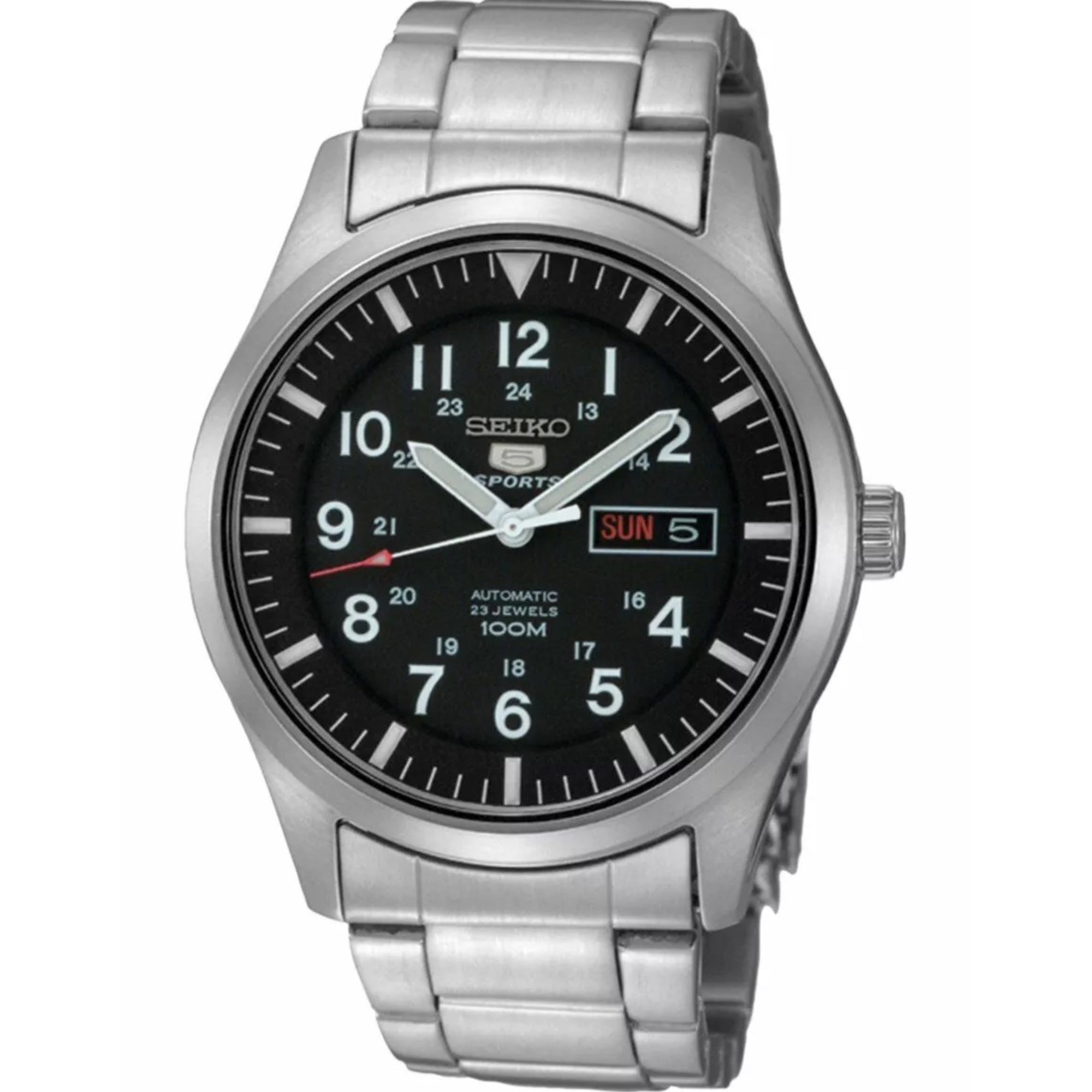 Seiko 5 Sports Military Field Automatic Black Dial Steel Bracelet Strap Men's Watch SNZG13K1