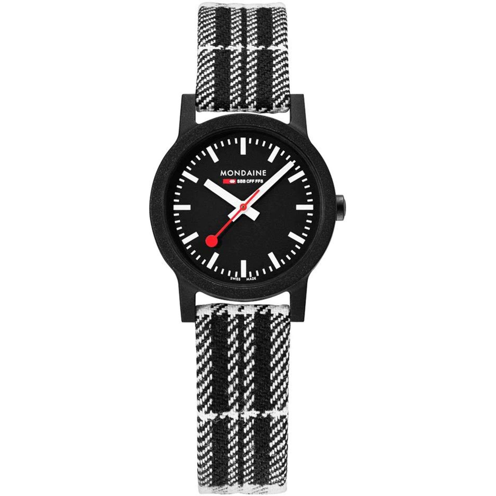 Mondaine Essence Quartz Black Dial Tartan Synthetic Strap Ladies Watch MS1.32120.LB