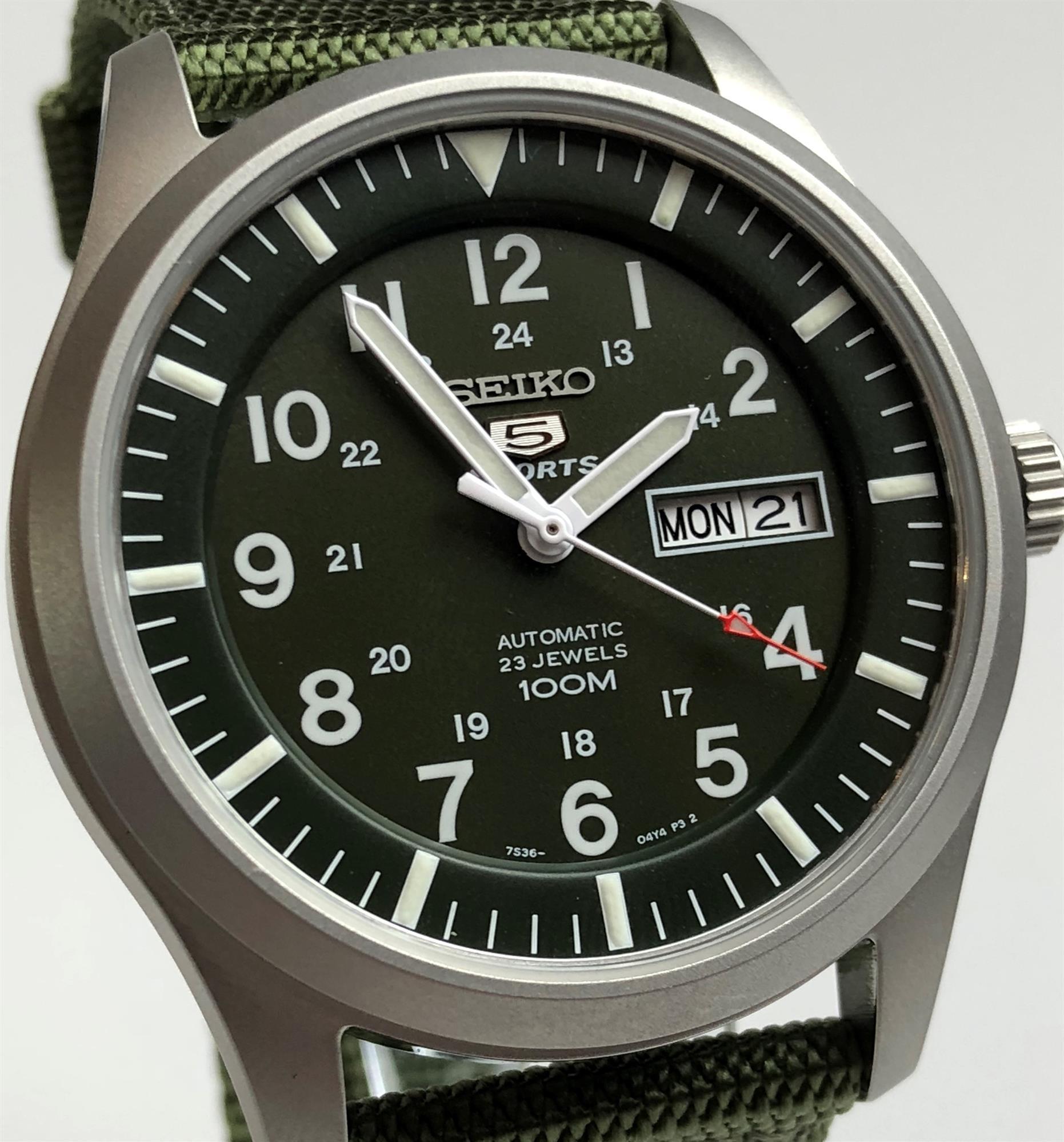 Seiko 5 Sports Automatic Green Dial Green NATO Style Strap Men's Watch SNZG09K1