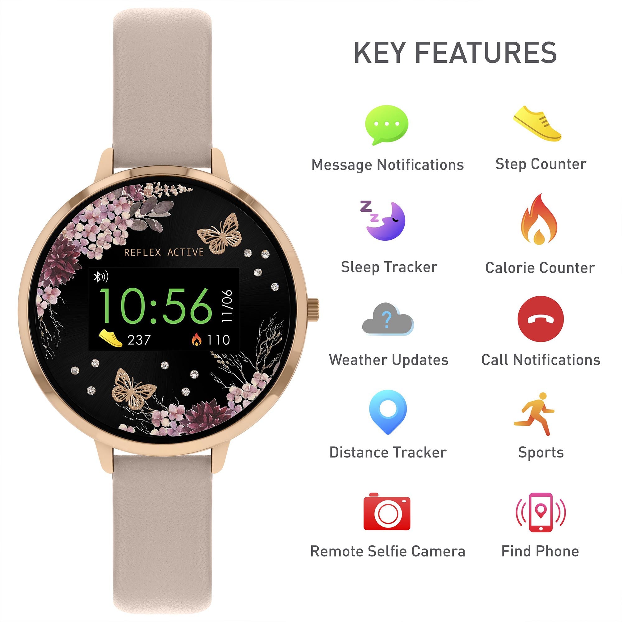 Reflex Active Series 03 Black Floral Dial Pink Silicone Strap Ladies Smartwatch RA03-2014