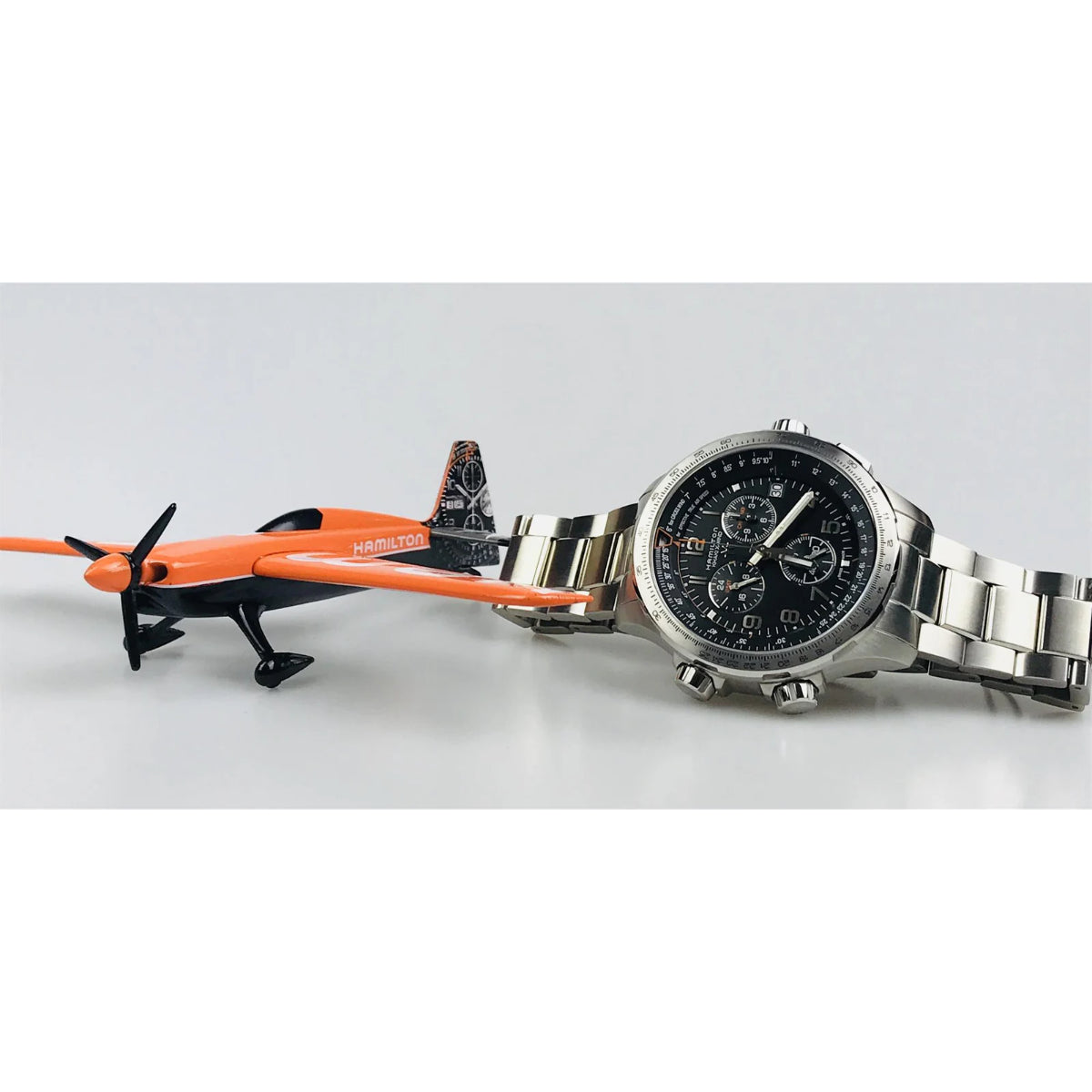 Hamilton Khaki Aviation X-Wind GMT Chrono Quartz Black Dial Steel Strap Men's Watch H77912135