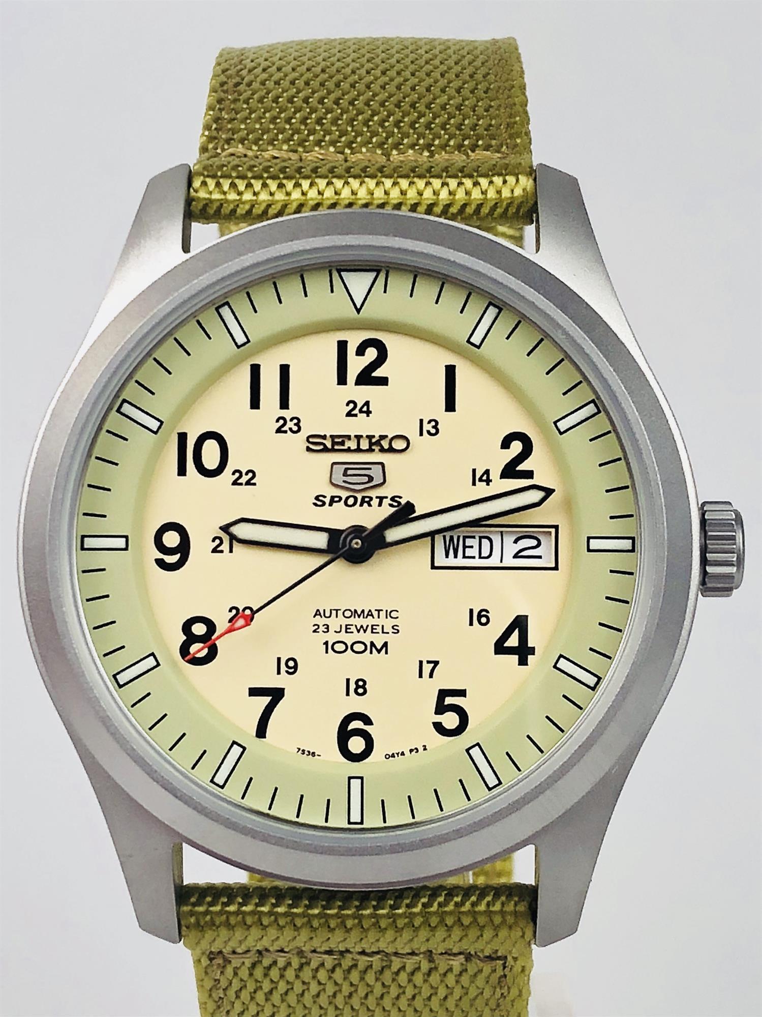 Seiko 5 Sports Automatic Military Cream Dial Canvas Men's Watch SNZG07K1