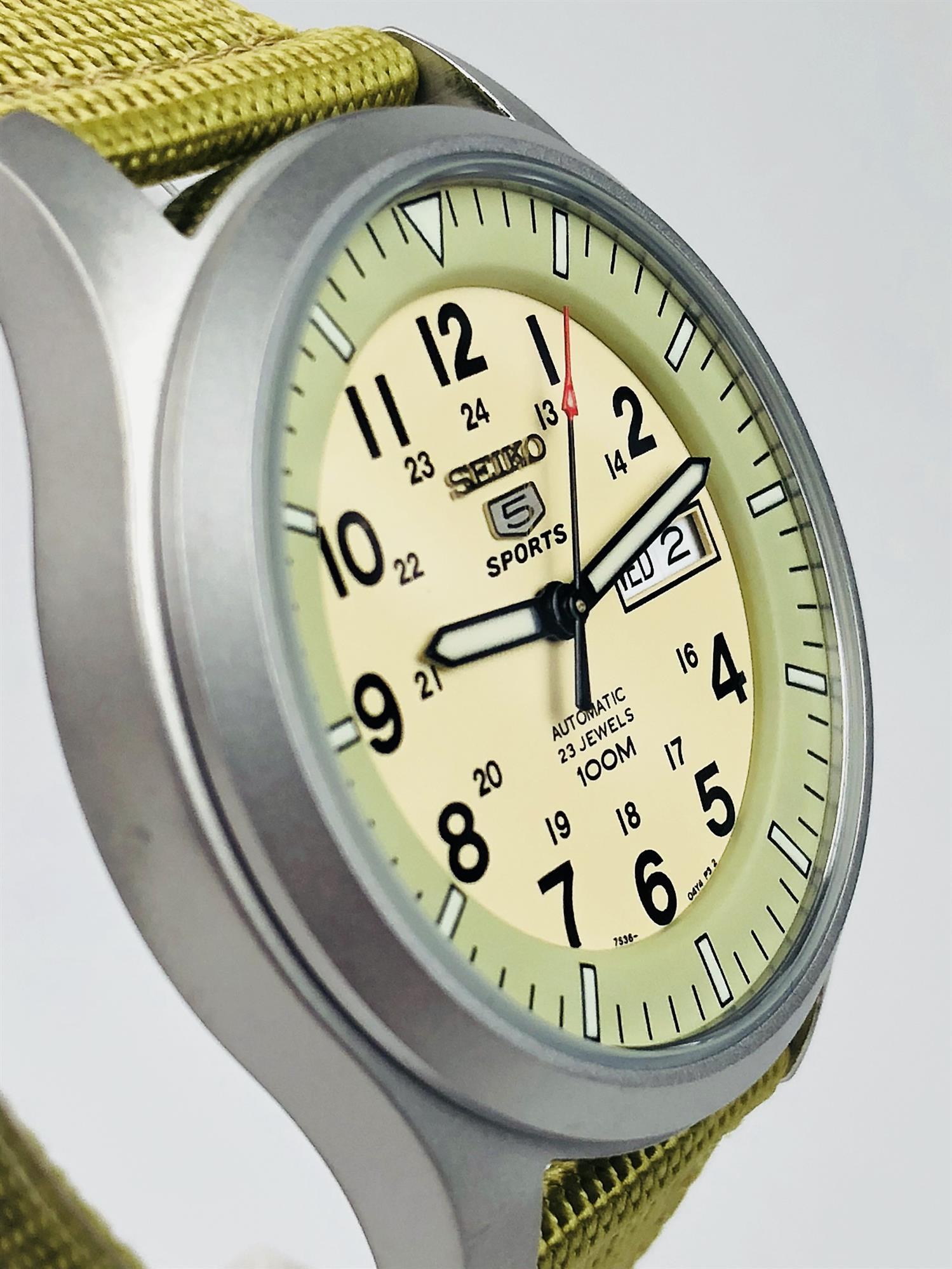 Seiko 5 Sports Automatic Military Cream Dial Canvas Men's Watch SNZG07K1