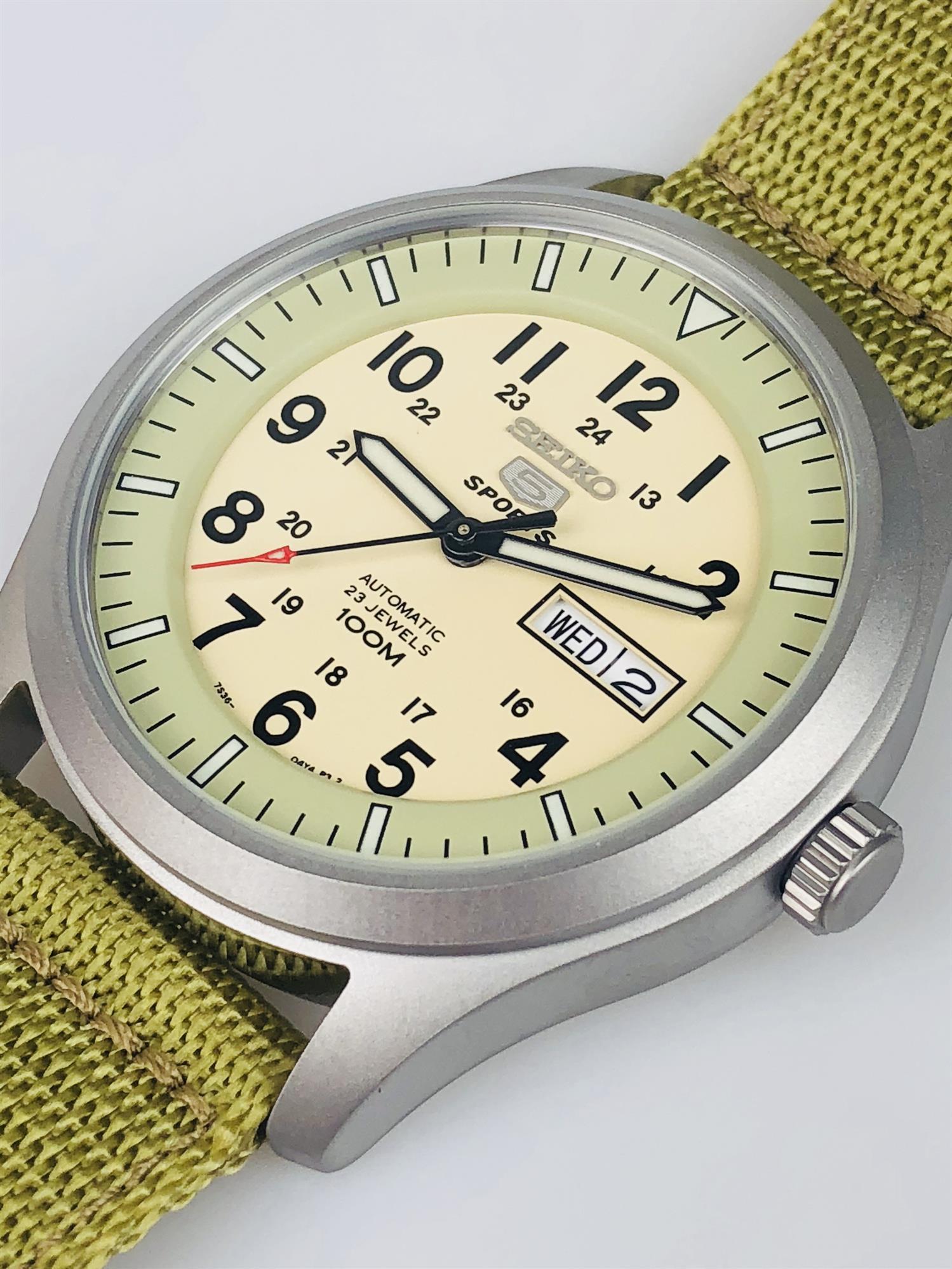 Seiko 5 Sports Automatic Military Cream Dial Canvas Men's Watch SNZG07K1