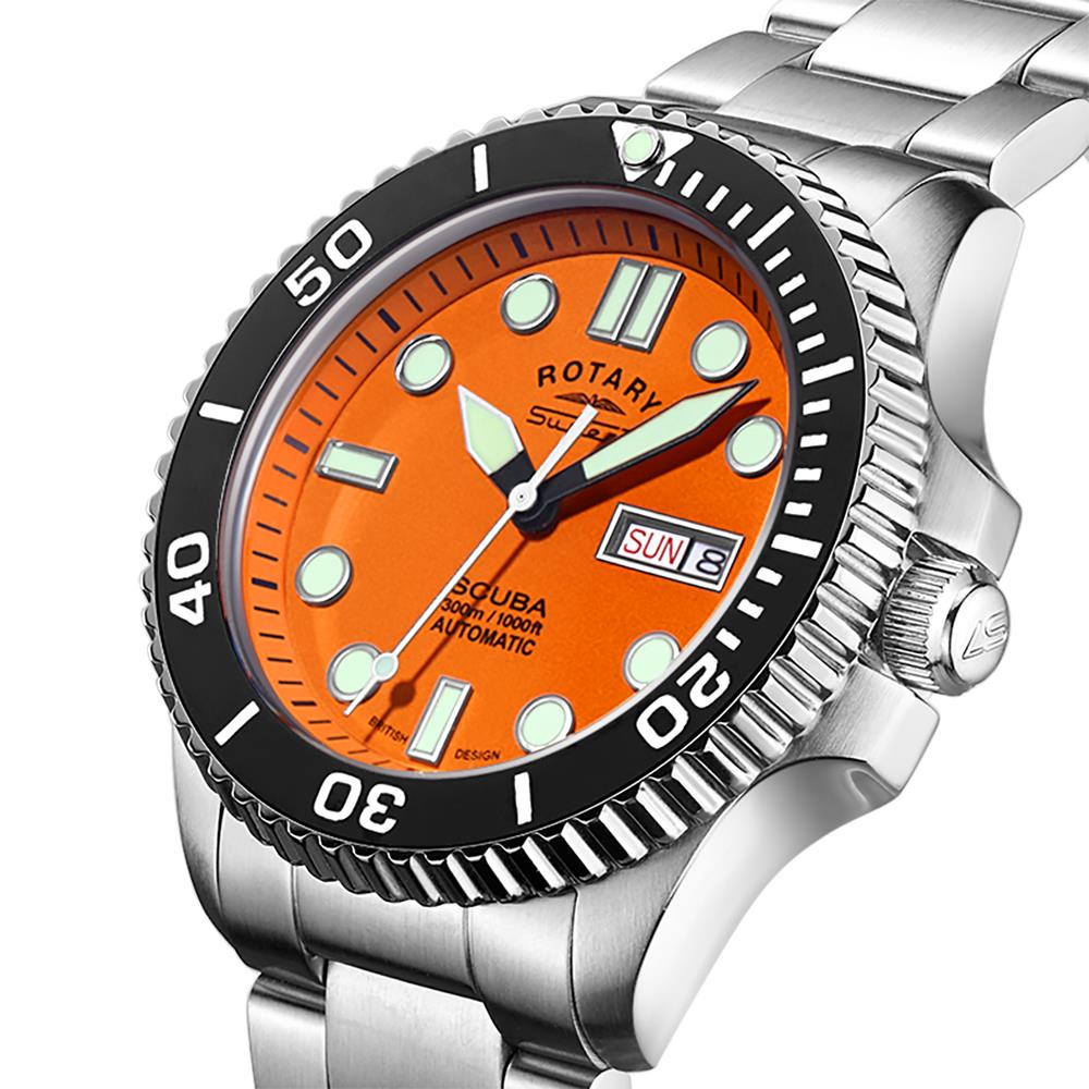 Rotary Super 7 SCUBA Automatic Orange Dial Ceramic Bezel Silver Stainless Steel Bracelet Men's Dive Watch S7S002B