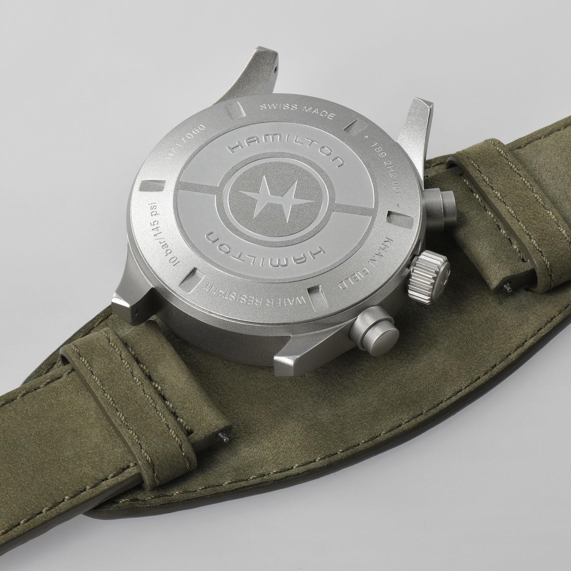 Hamilton Khaki Field Automatic Chronograph Black Dial Green Leather Bund Strap Men's Watch H71706830