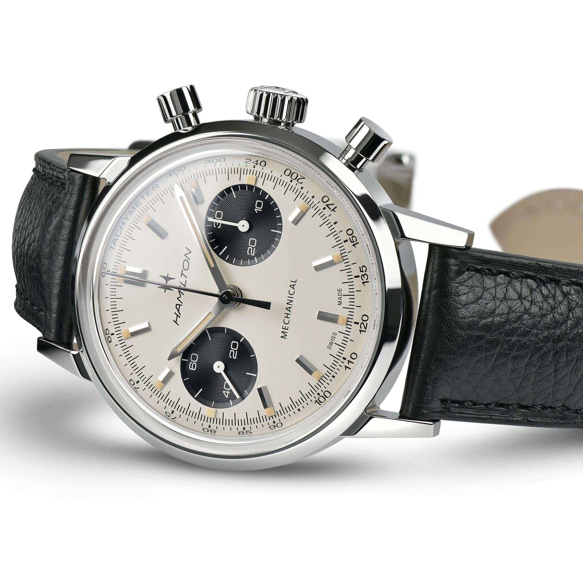 Hamilton American Classic Intra-Matic Chronograph H Automatic White Dial Black Leather Strap Men’s Watch H38429710