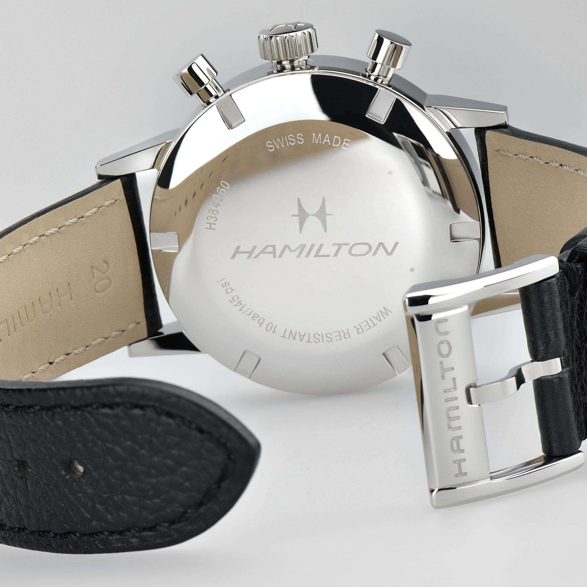 Hamilton American Classic Intra-Matic Chronograph H Automatic White Dial Black Leather Strap Men’s Watch H38429710