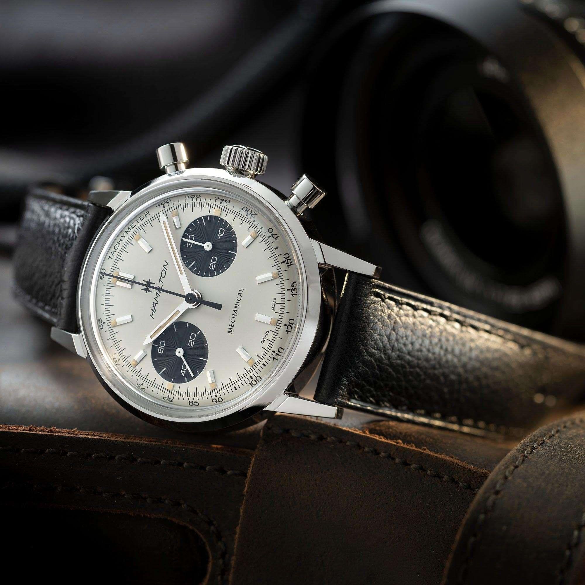 Hamilton American Classic Intra-Matic Chronograph H Automatic White Dial Black Leather Strap Men’s Watch H38429710