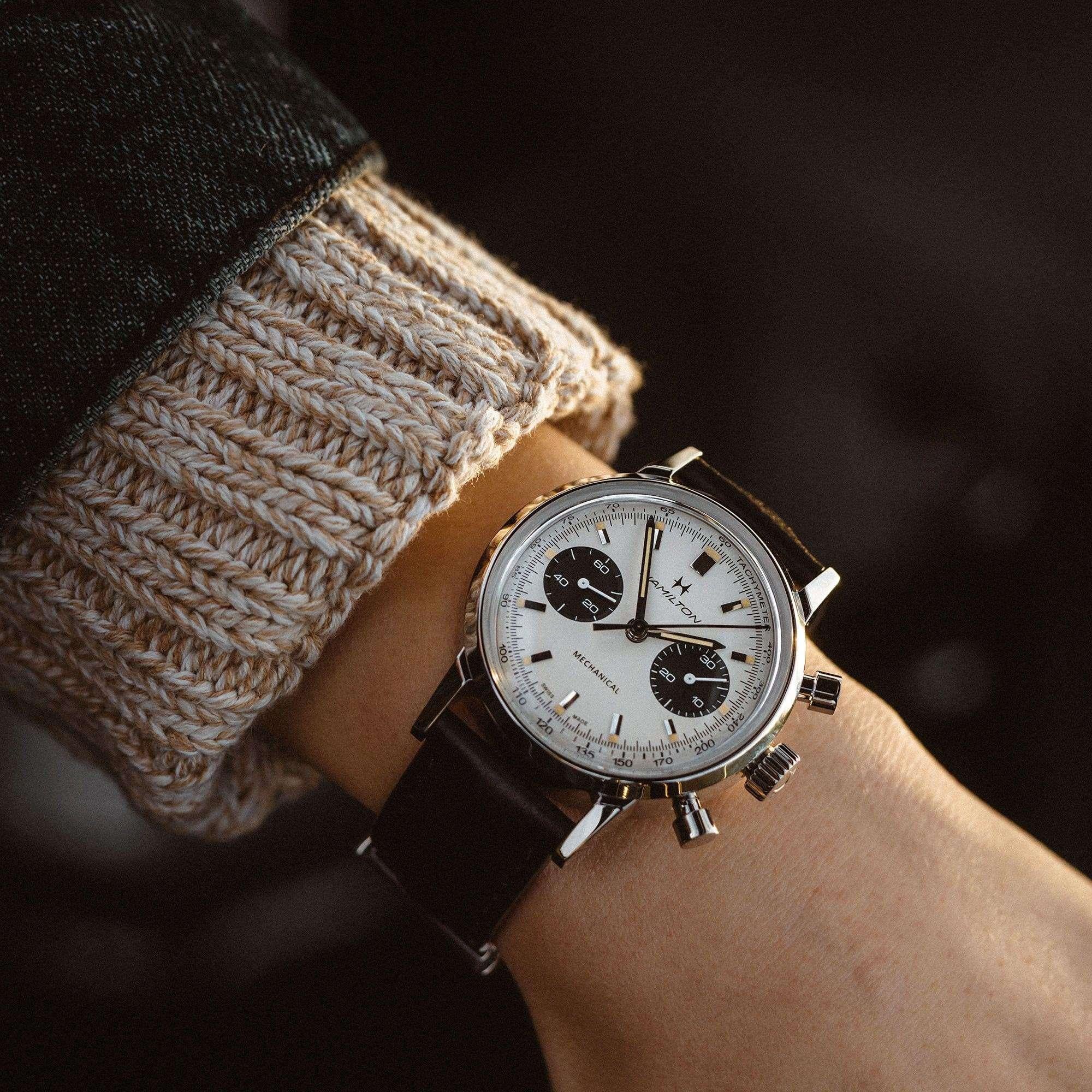 Hamilton American Classic Intra-Matic Chronograph H Automatic White Dial Black Leather Strap Men’s Watch H38429710