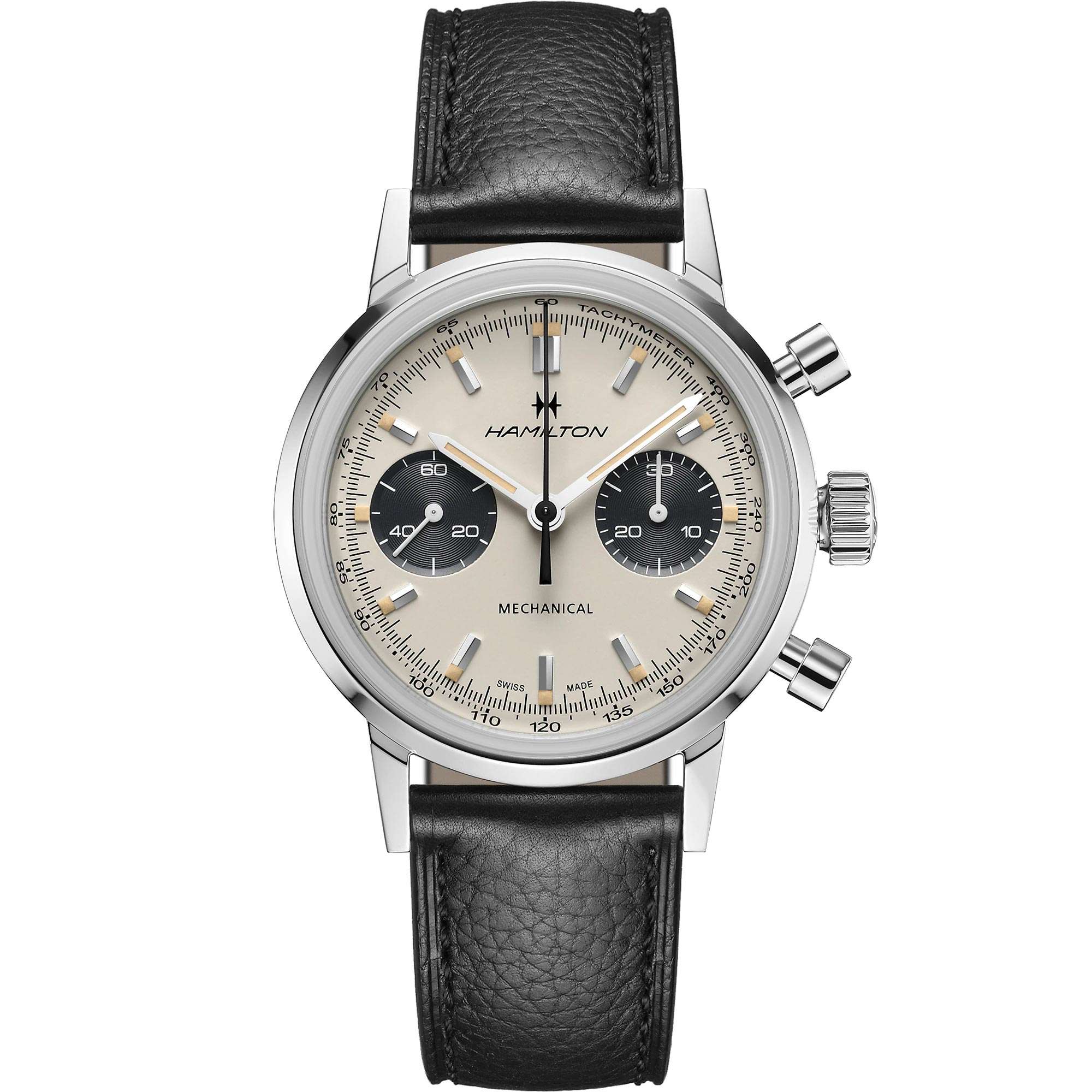 Hamilton American Classic Intra-Matic Chronograph H Automatic White Dial Black Leather Strap Men’s Watch H38429710
