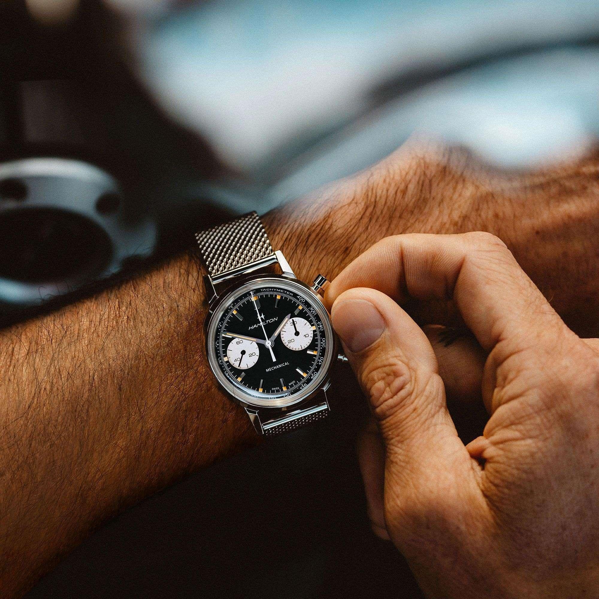 Hamilton American Classic Intra-Matic H Mechanical Chronograph Black Dial Milanese Bracelet Men's Watch H38429130
