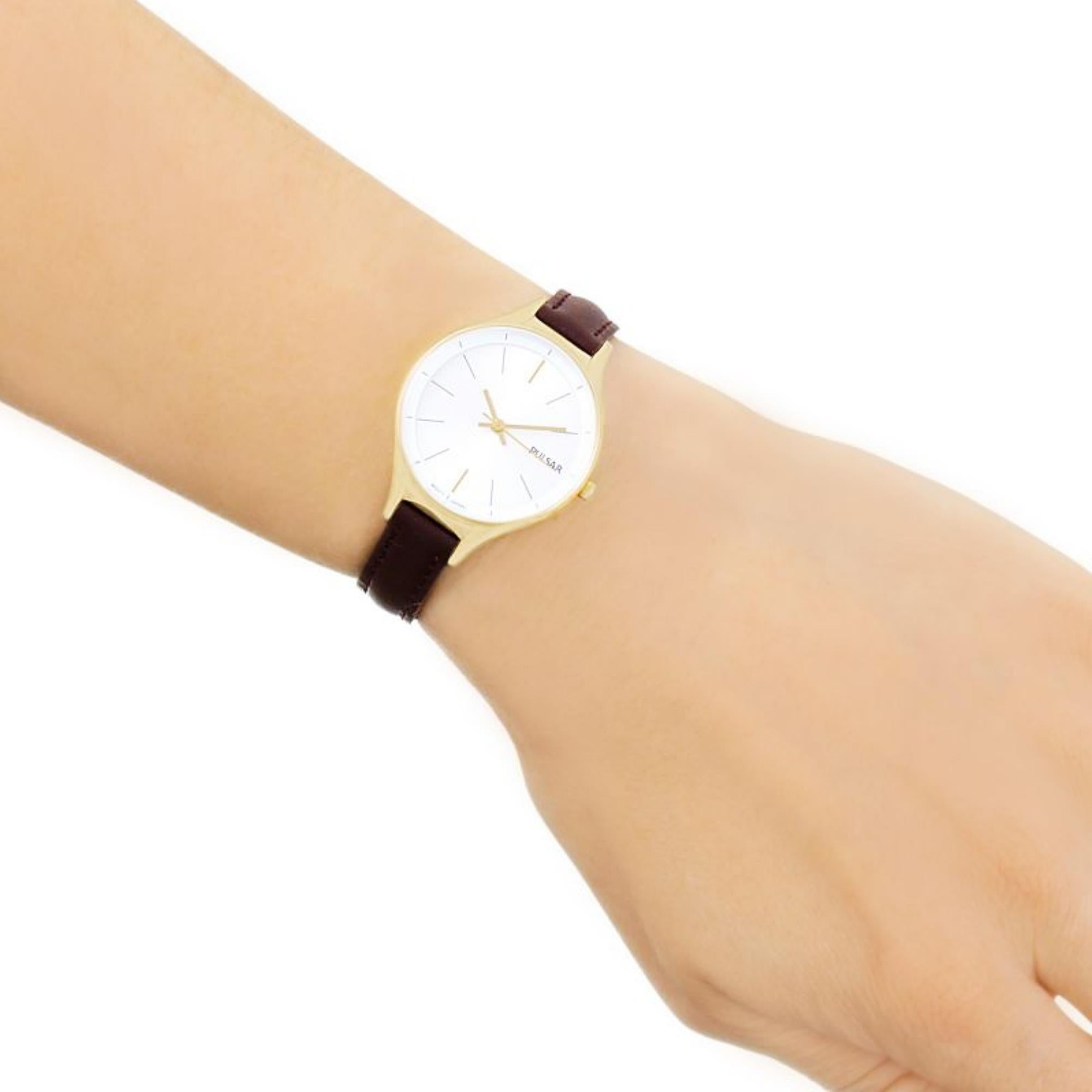 Pulsar Dress PVD Gold Plated Case Brown Leather Strap Silver Dial Ladies Watch PH8280X1