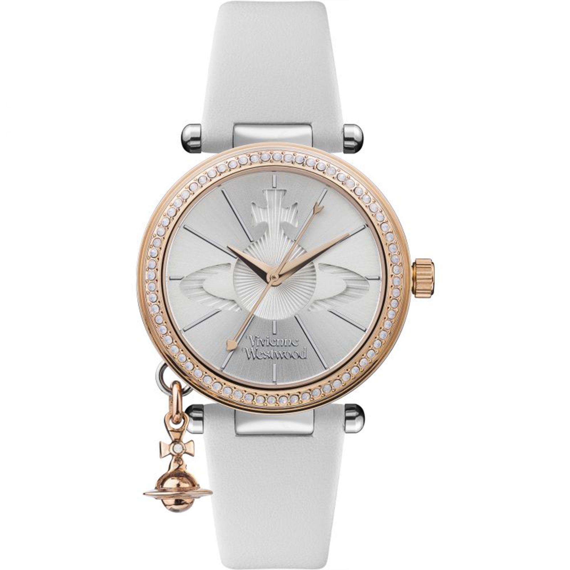 Vivienne Westwood Orb Quartz Silver Dial White Leather Strap Ladies Watch VV006RSWH