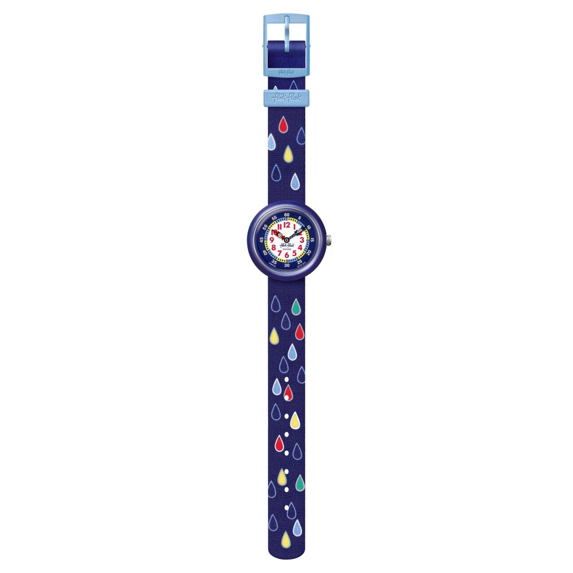 Flik Flak Garden Adventure Rain Drops Quartz Movement Blue Dial Textile Bracelet Boys Watch FBNP147