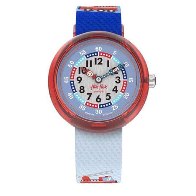 Flik Flak City of Life Firetruck Quartz Movement Blue Dial Textile Bracelet Kids Watch FBNP160