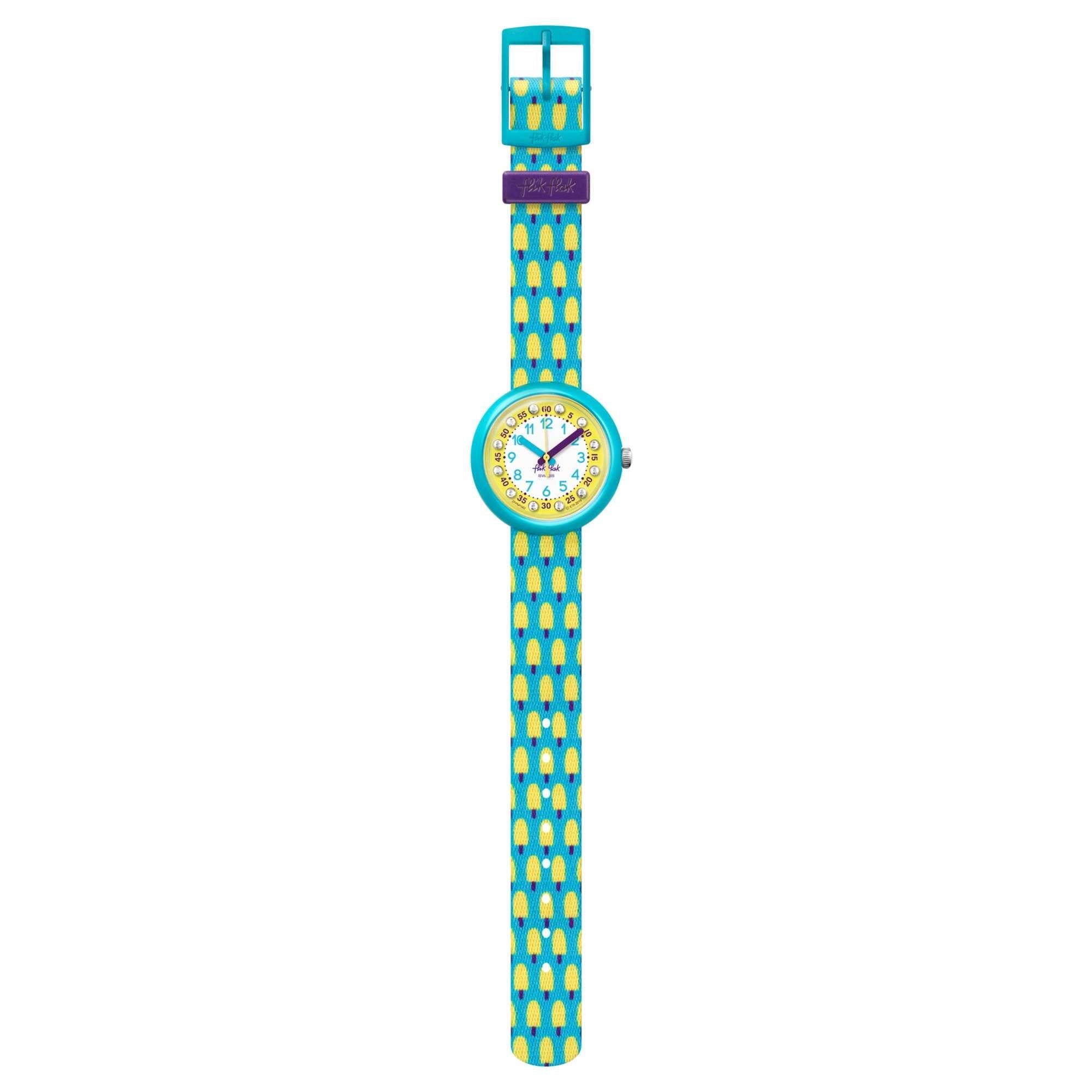 Flik Flak Pool in Miami Lemon Freeze Quartz Movement Yellow Dial Textile Bracelet Kids Watch FPNP062