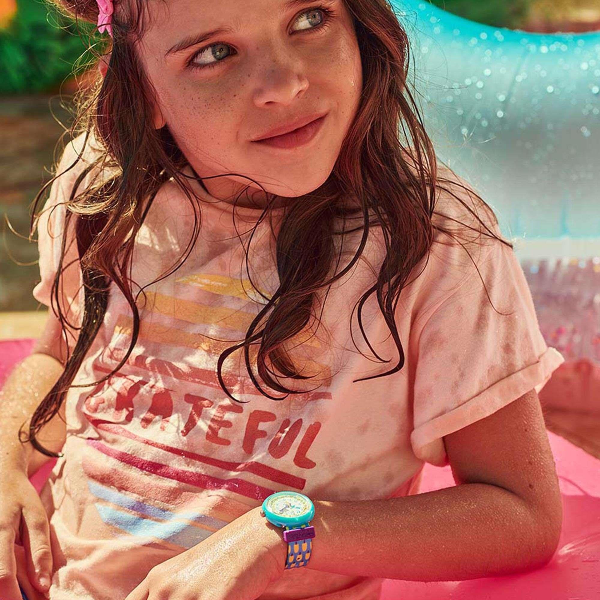 Flik Flak Pool in Miami Lemon Freeze Quartz Movement Yellow Dial Textile Bracelet Kids Watch FPNP062
