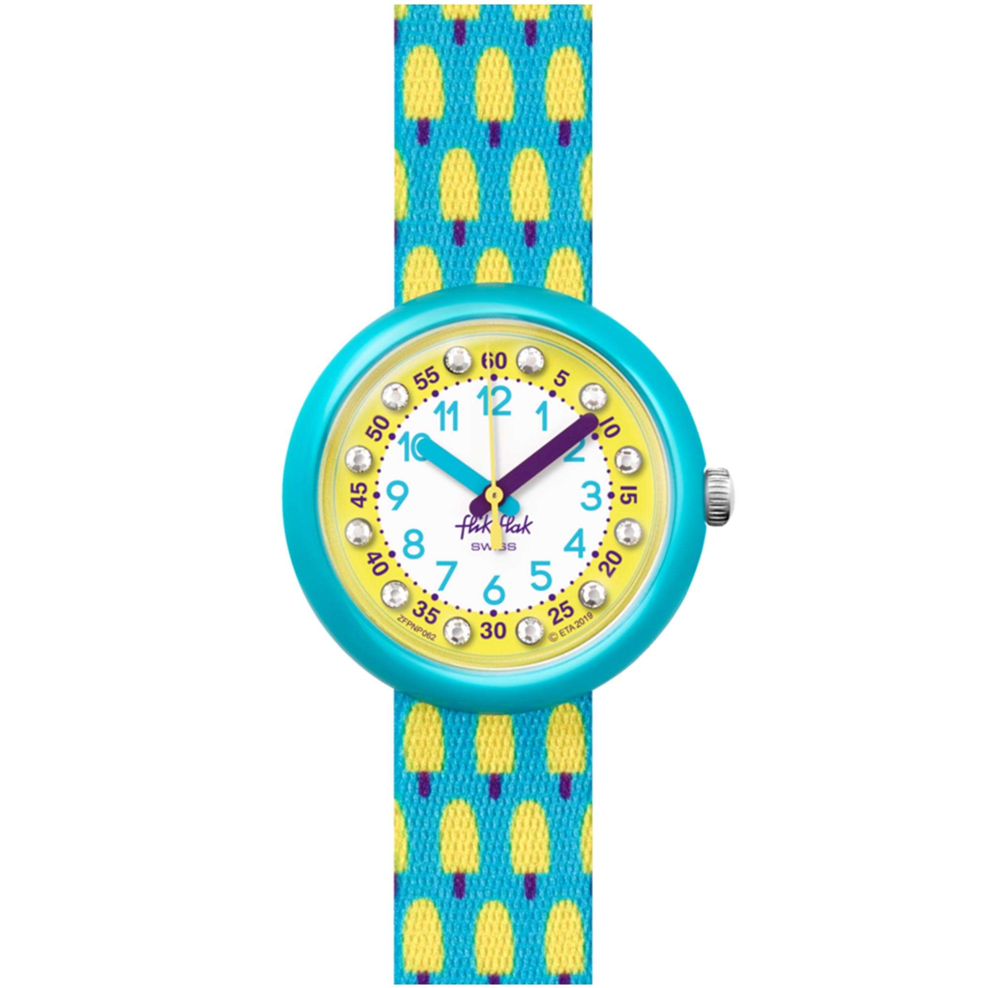 Flik Flak Pool in Miami Lemon Freeze Quartz Movement Yellow Dial Textile Bracelet Kids Watch FPNP062