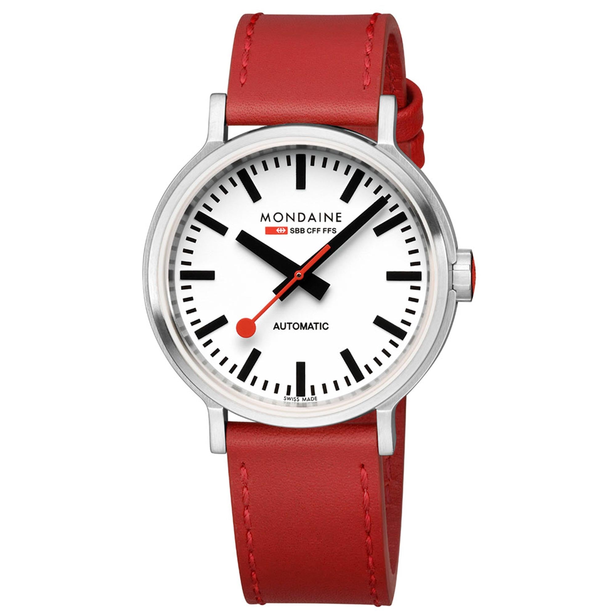 Mondaine Original Backlight Automatic White Dial Red Leather Strap Men's Watch MST.4161B.LC
