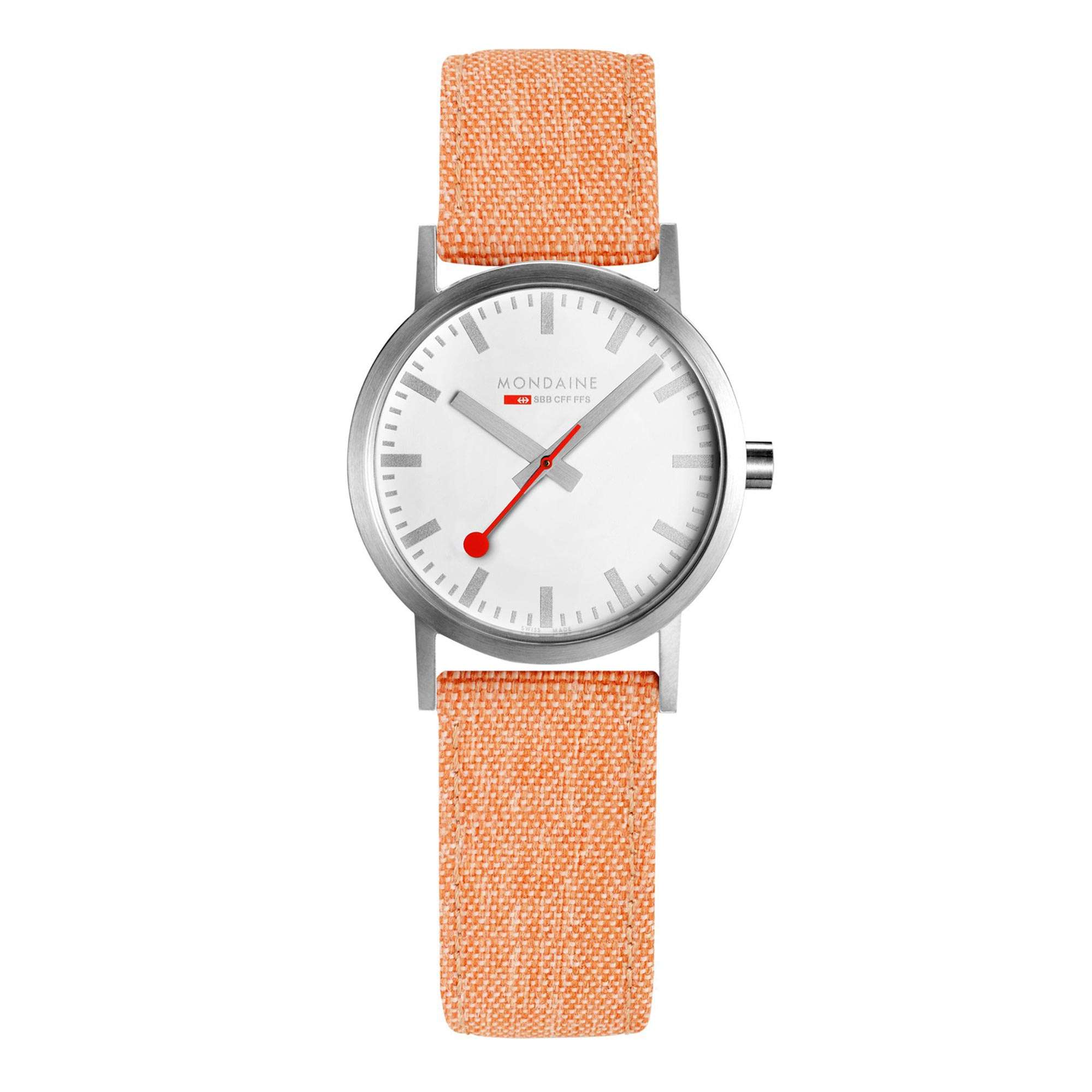 Mondaine Classic Quartz White Dial Orange Recycled Textile Strap Ladies Watch A658.30323.17SBF