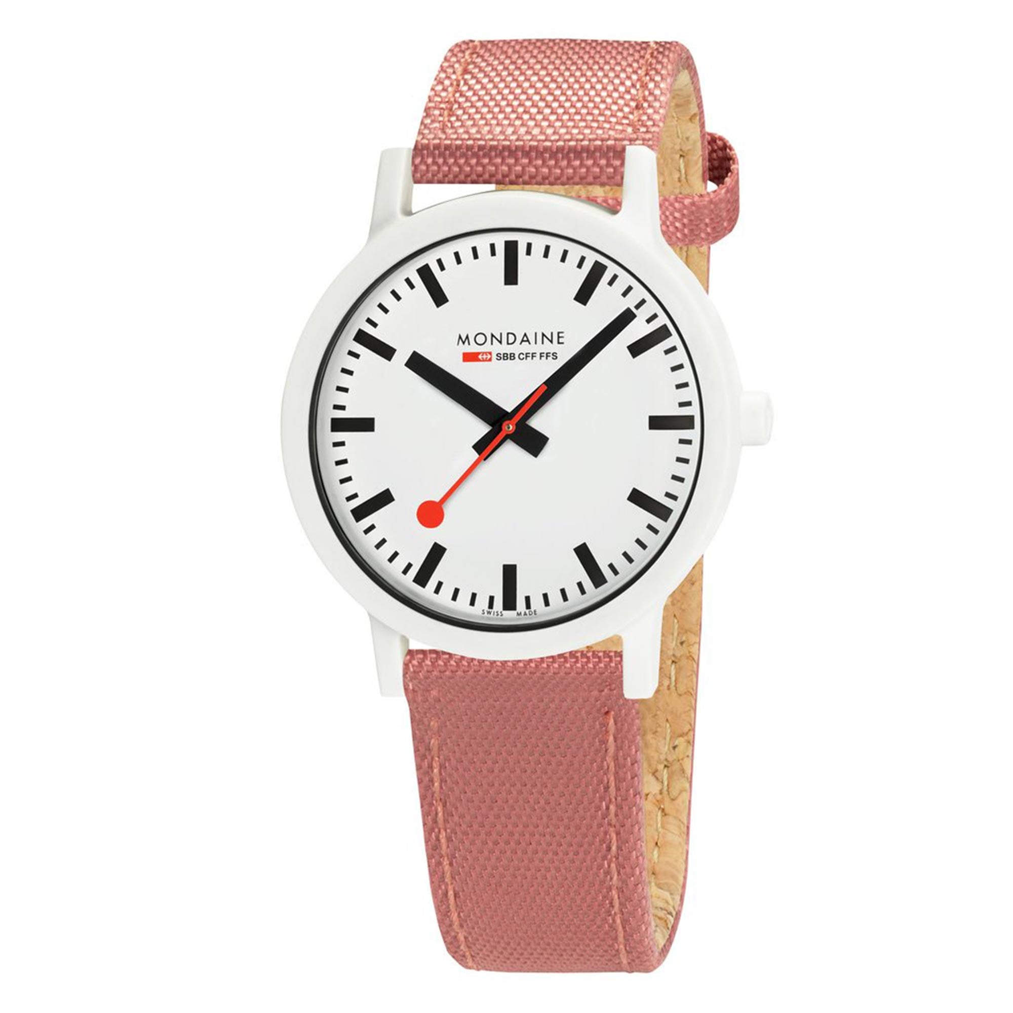 Mondaine Essence Sustainable Quartz White Dial Pink Textile Strap Unisex Watch MS1.41111.LP
