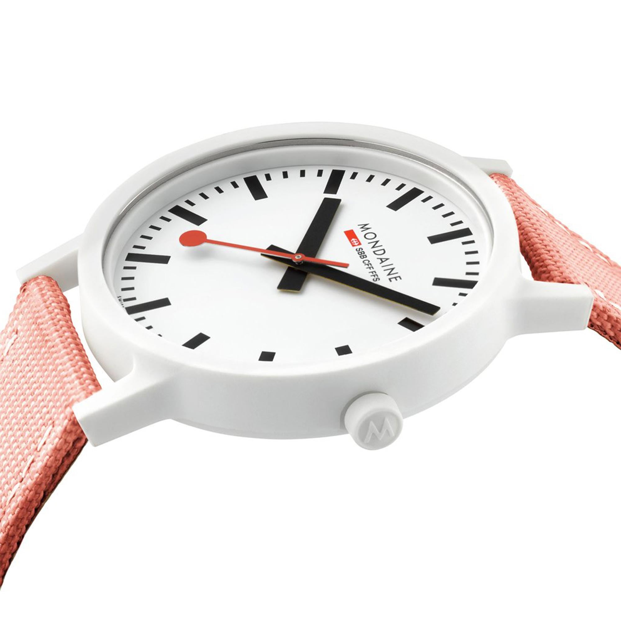 Mondaine Essence Sustainable Quartz White Dial Pink Textile Strap Unisex Watch MS1.41111.LP