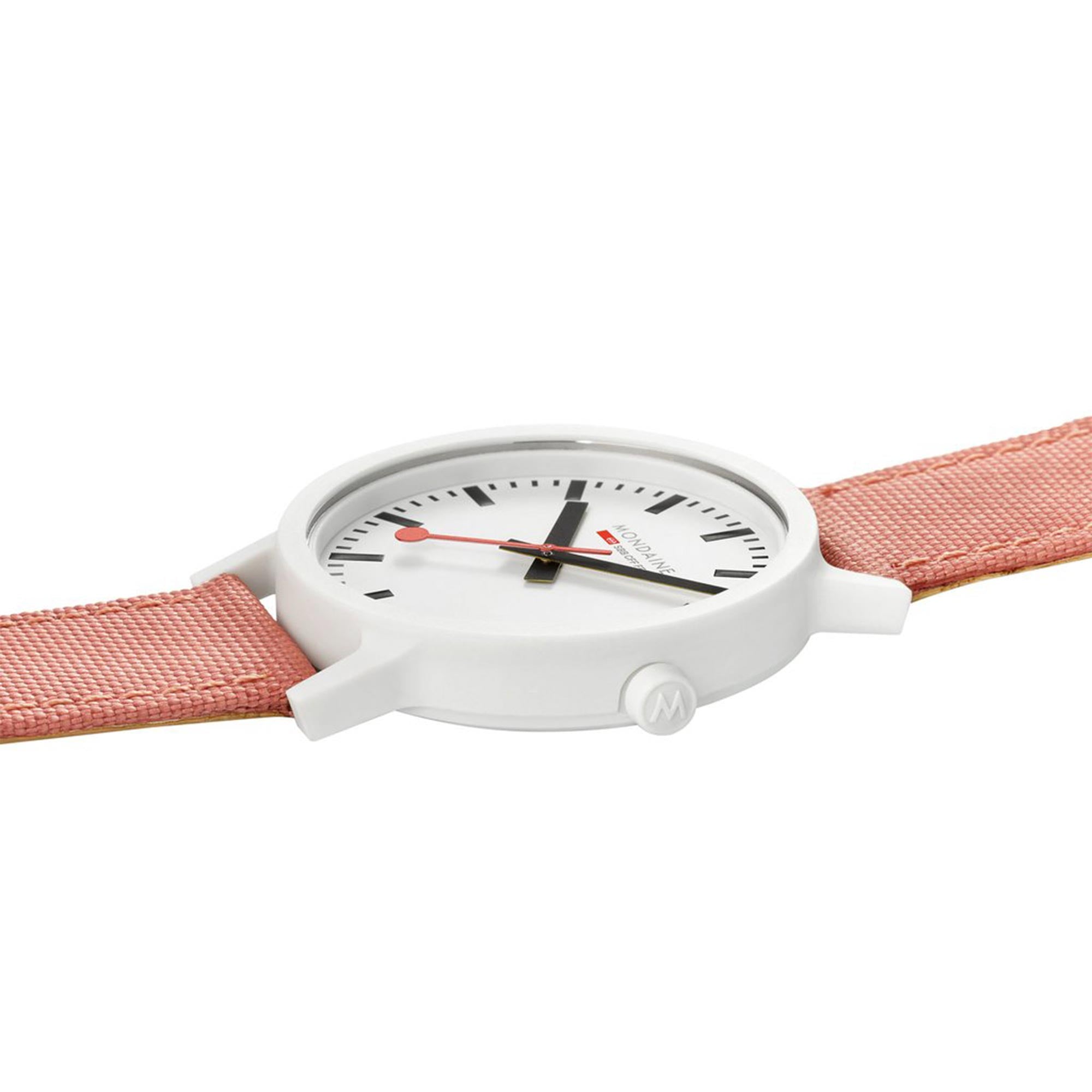 Mondaine Essence Sustainable Quartz White Dial Pink Textile Strap Unisex Watch MS1.41111.LP