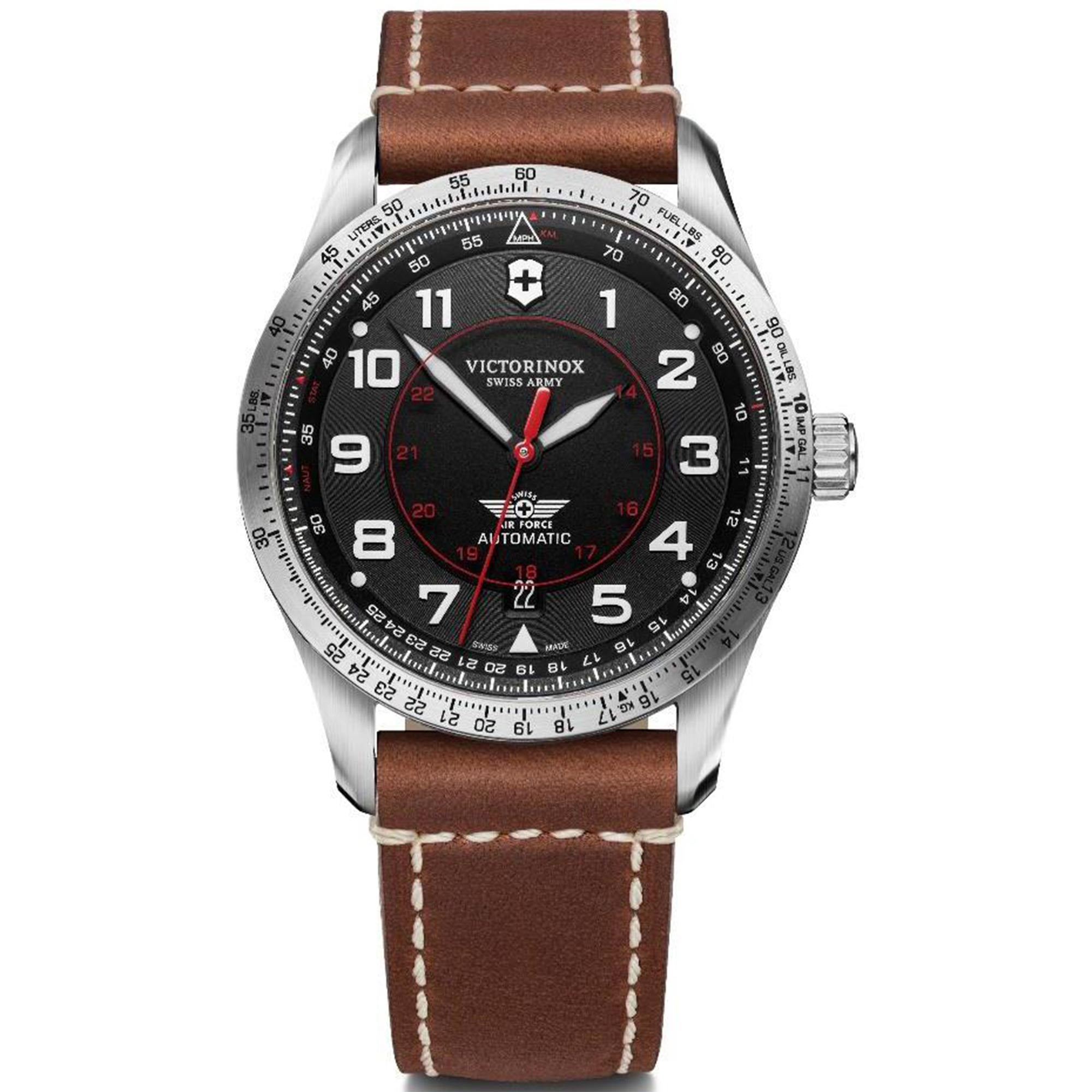 Victorinox Swiss Army Watch Airboss Mechanical Automatic Movement Black Dial Leather Bracelet Watch 241937