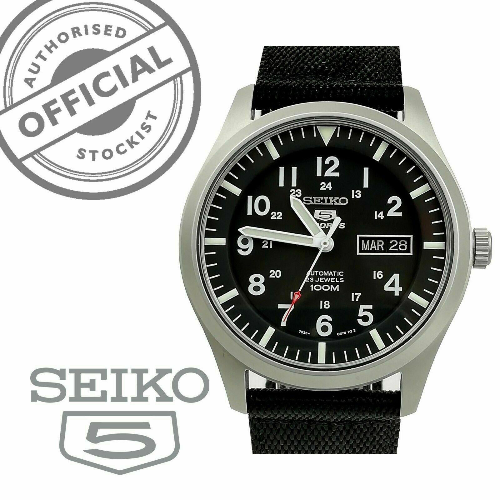 Seiko 5 Sports Military Automatic Black Dial NATO Canvas Strap Men's Watch SNZG15K1