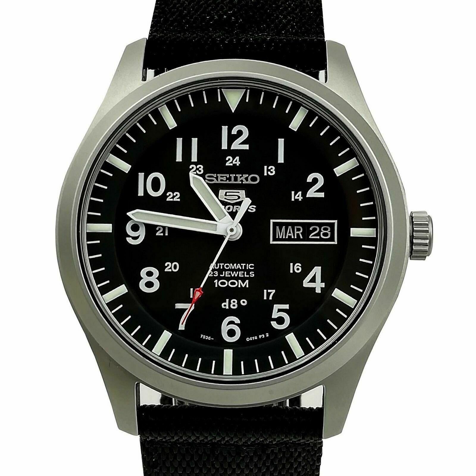 Seiko 5 Sports Military Automatic Black Dial NATO Canvas Strap Men's Watch SNZG15K1