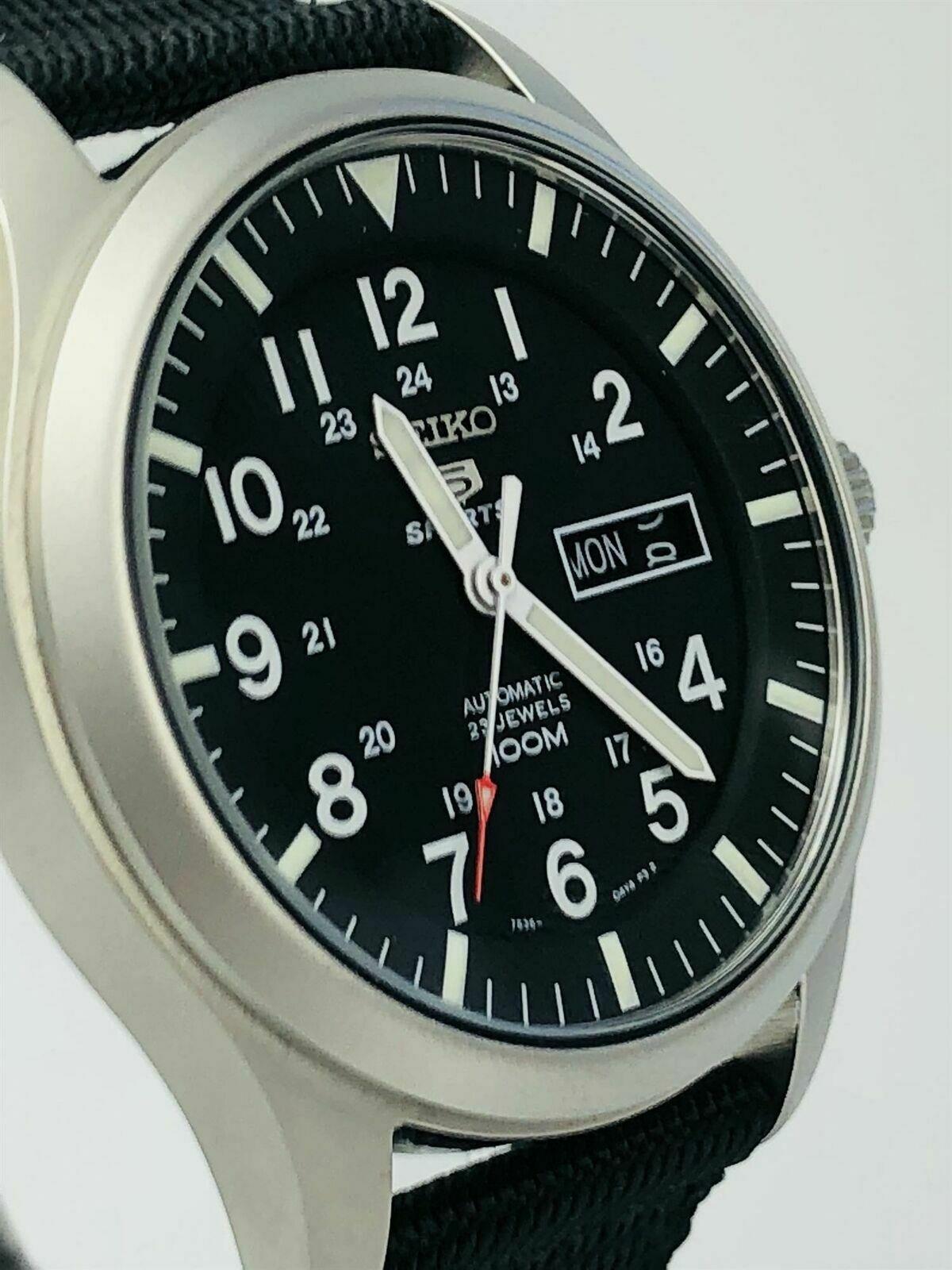 Seiko 5 Sports Military Automatic Black Dial NATO Canvas Strap Men's Watch SNZG15K1