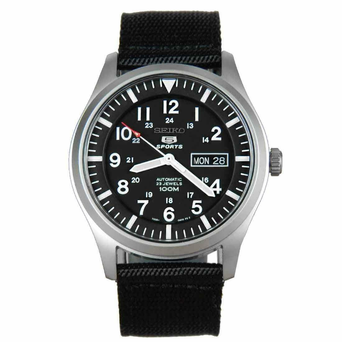 Seiko 5 Sports Military Automatic Black Dial NATO Canvas Strap Men's Watch SNZG15K1