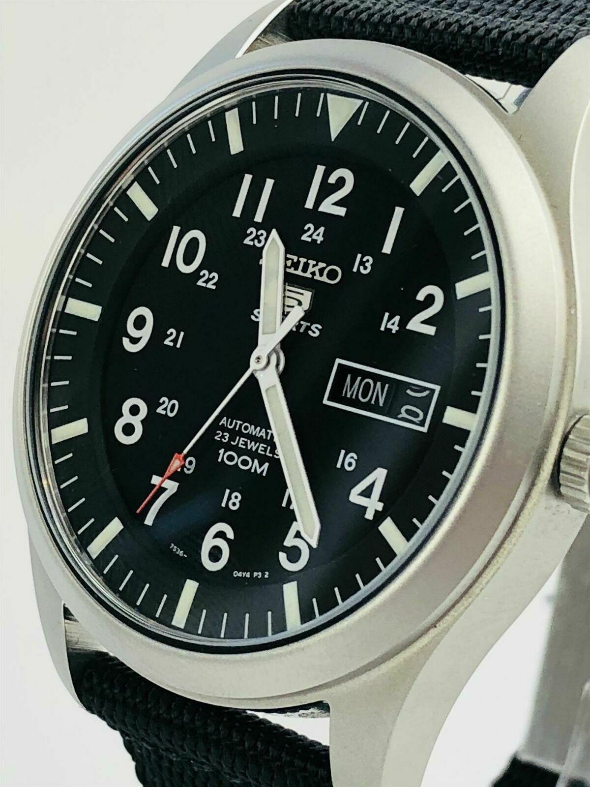 Seiko 5 Sports Military Automatic Black Dial NATO Canvas Strap Men's Watch SNZG15K1