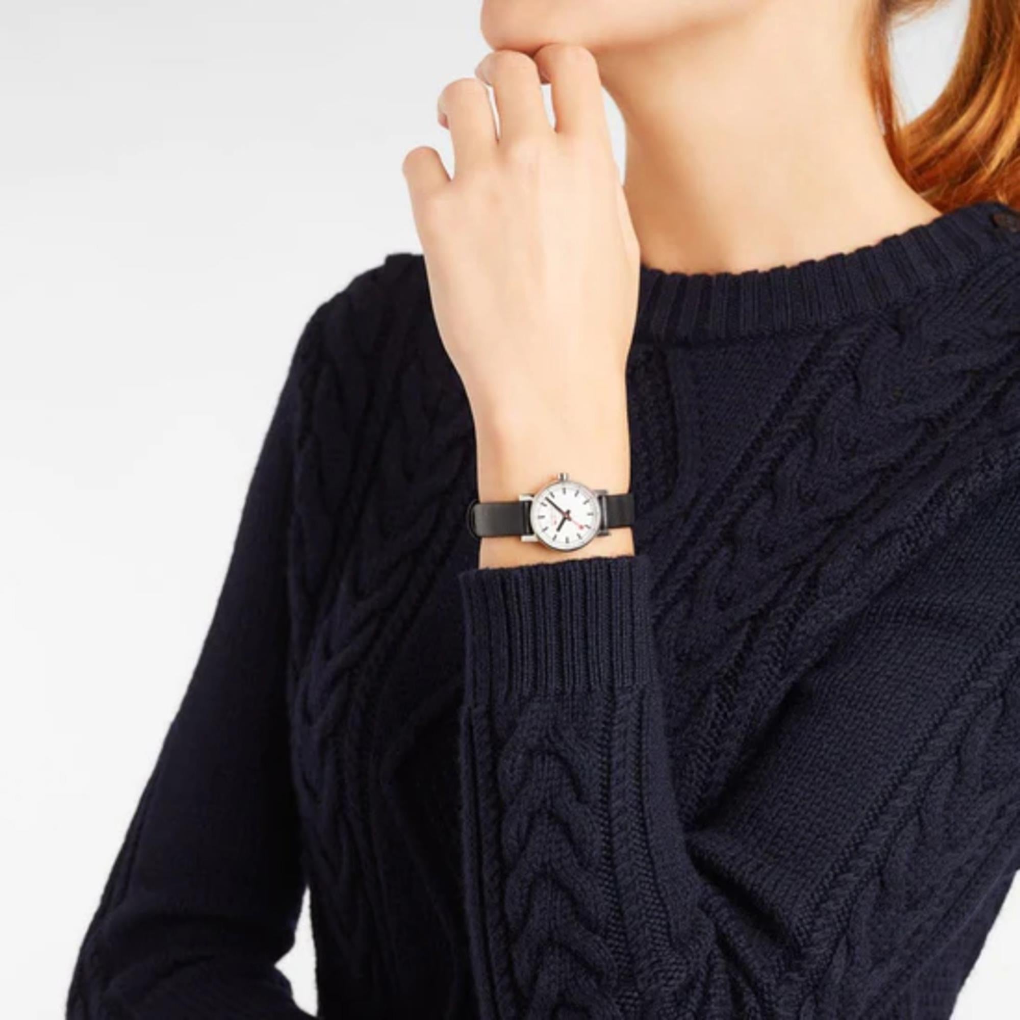 Mondaine evo2 Petite Stainless Steel Case Black Leather Strap Ladies Watch MSE.26110.LB 26mm