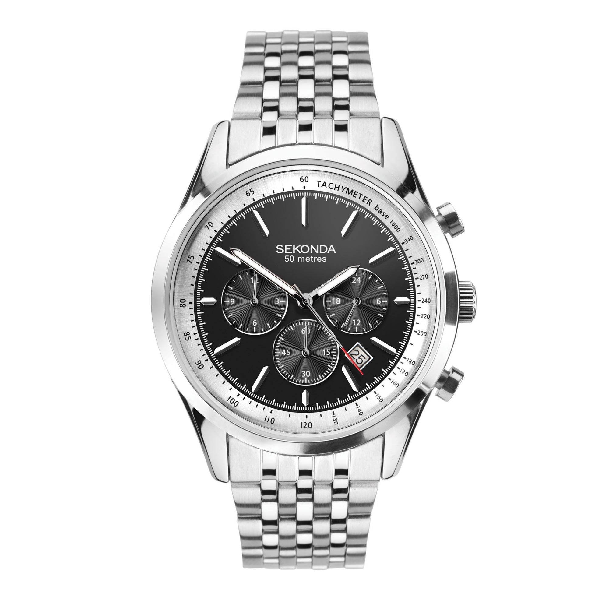 Sekonda Chronograph Quartz Black Dial Silver Steel Bracelet Men's Watch 1772