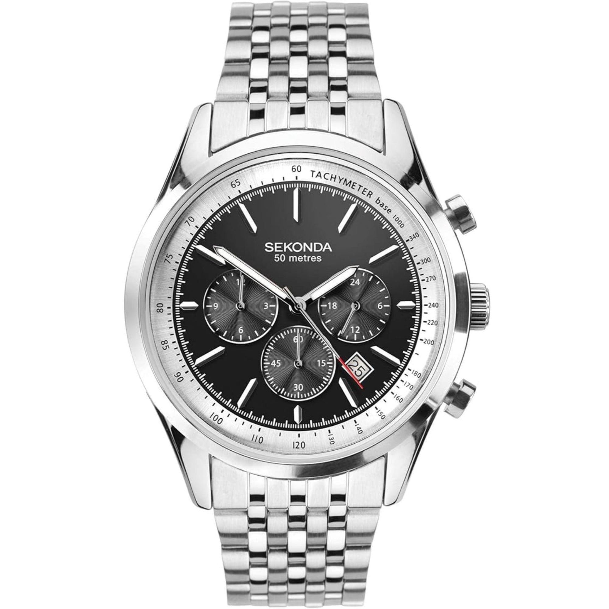 Sekonda Chronograph Quartz Black Dial Silver Steel Bracelet Men's Watch 1772