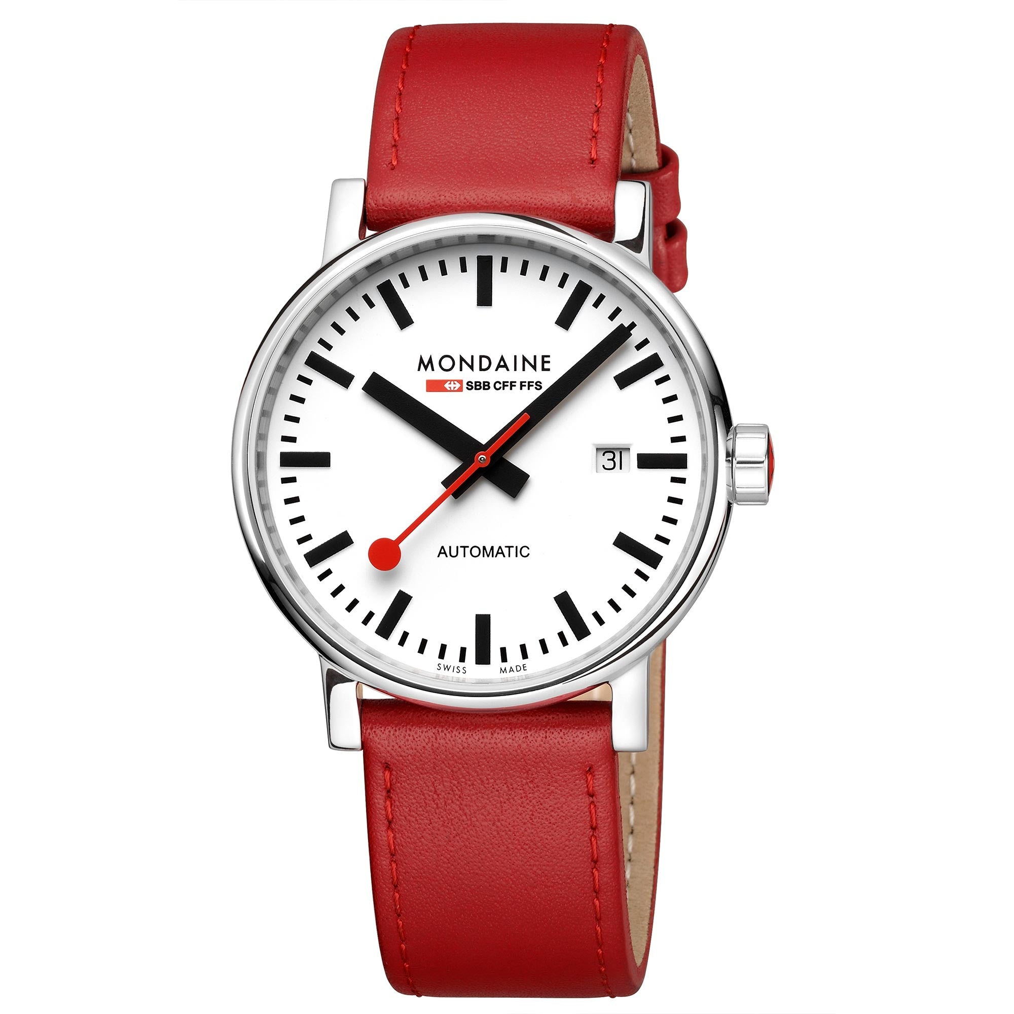 Mondaine Evo2 Automatic White Dial Red Leather Strap Men's Watch MSE.40610.LC