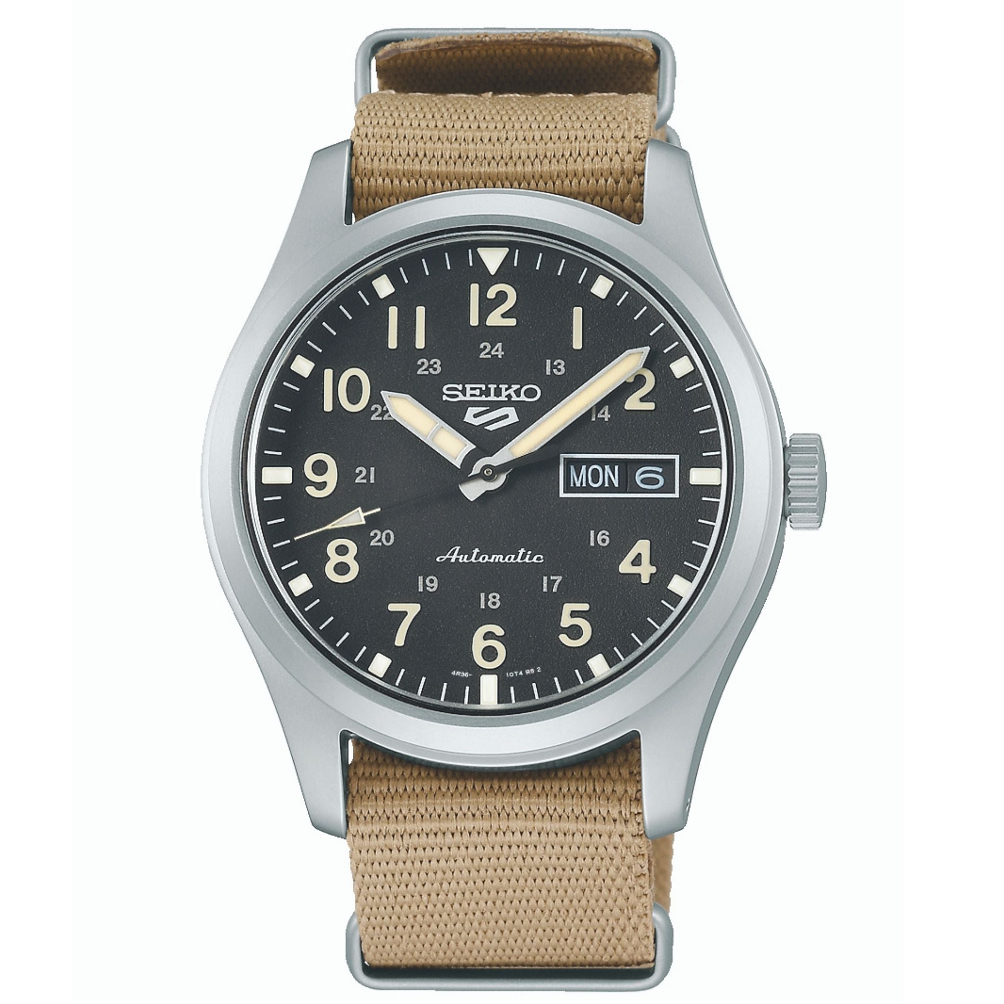 Seiko 5 Sports Field Military Watch Automatic Black Dial Beige Nylon Strap Men's Watch SRPG35K1