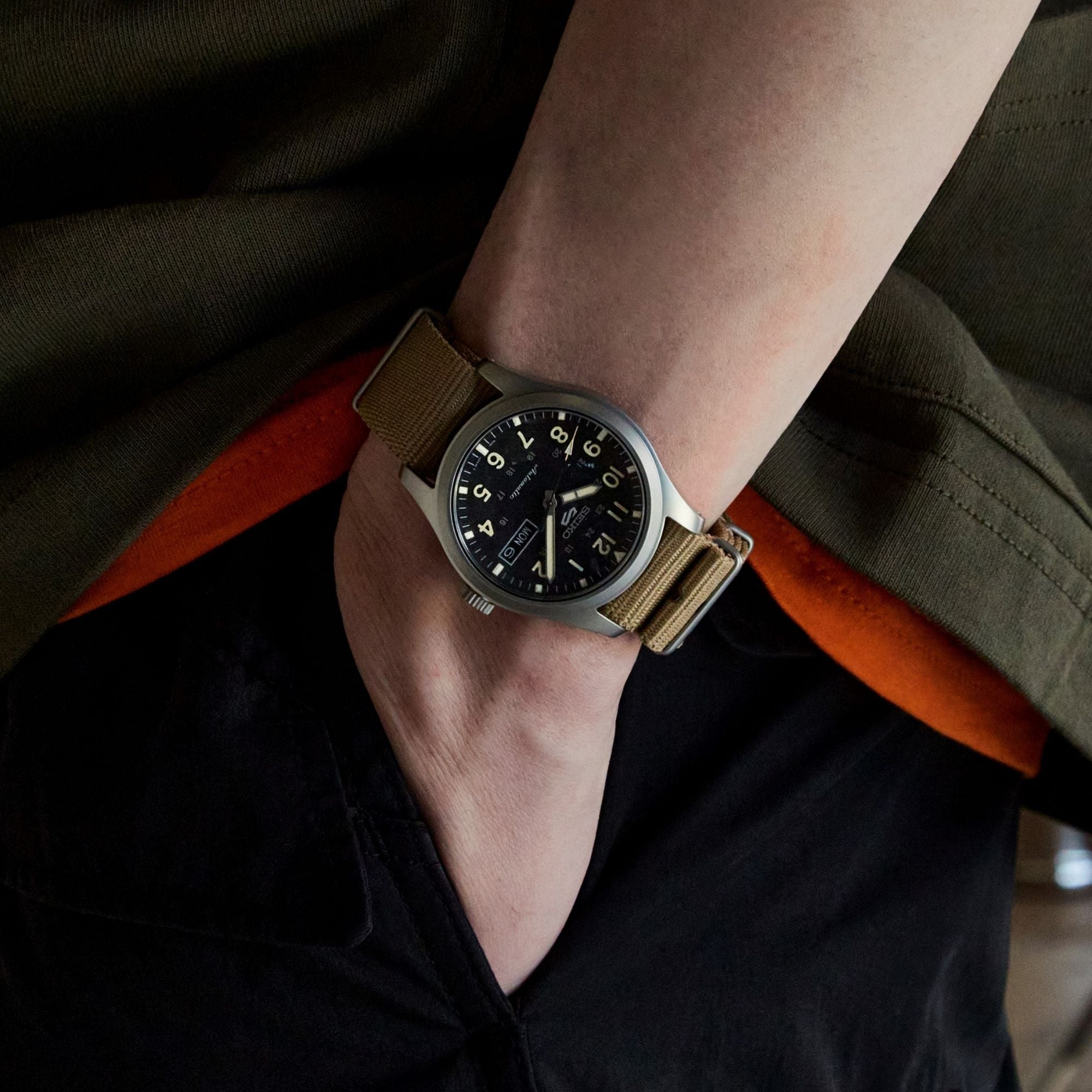 Seiko 5 Sports Field Military Watch Automatic Black Dial Beige Nylon Strap Men's Watch SRPG35K1